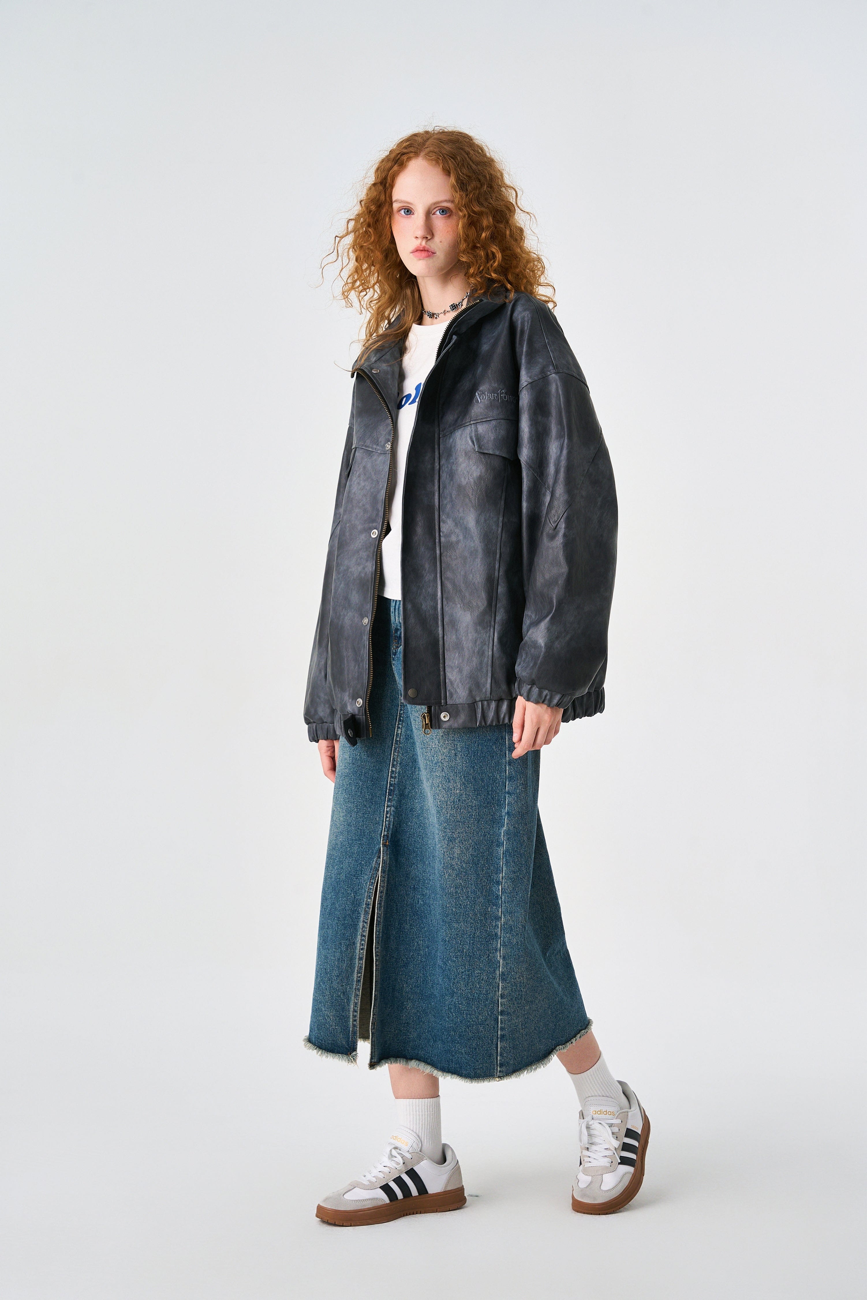 Acid Grey Oversized Bomber Leather Jacket