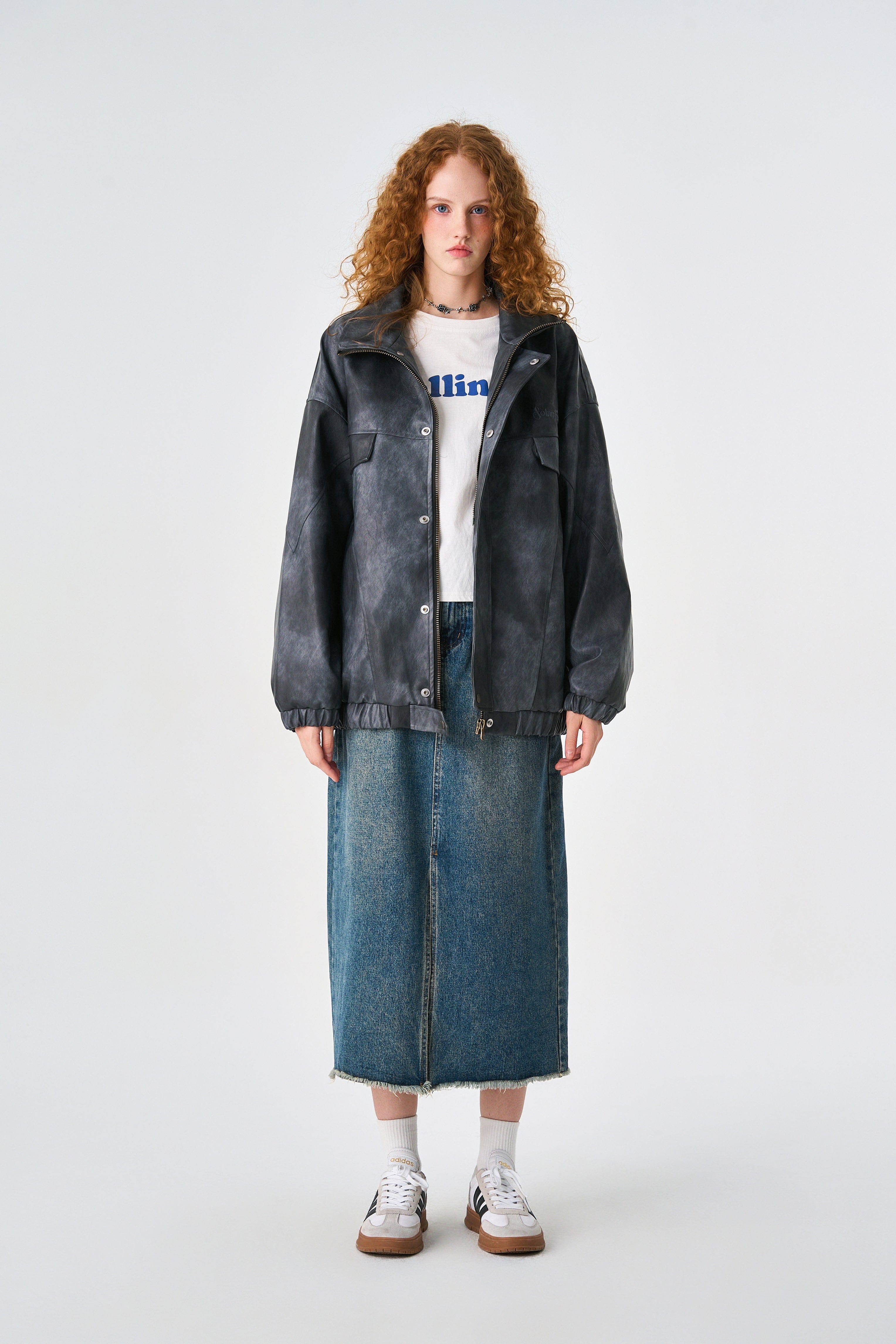 Acid Grey Oversized Bomber Leather Jacket