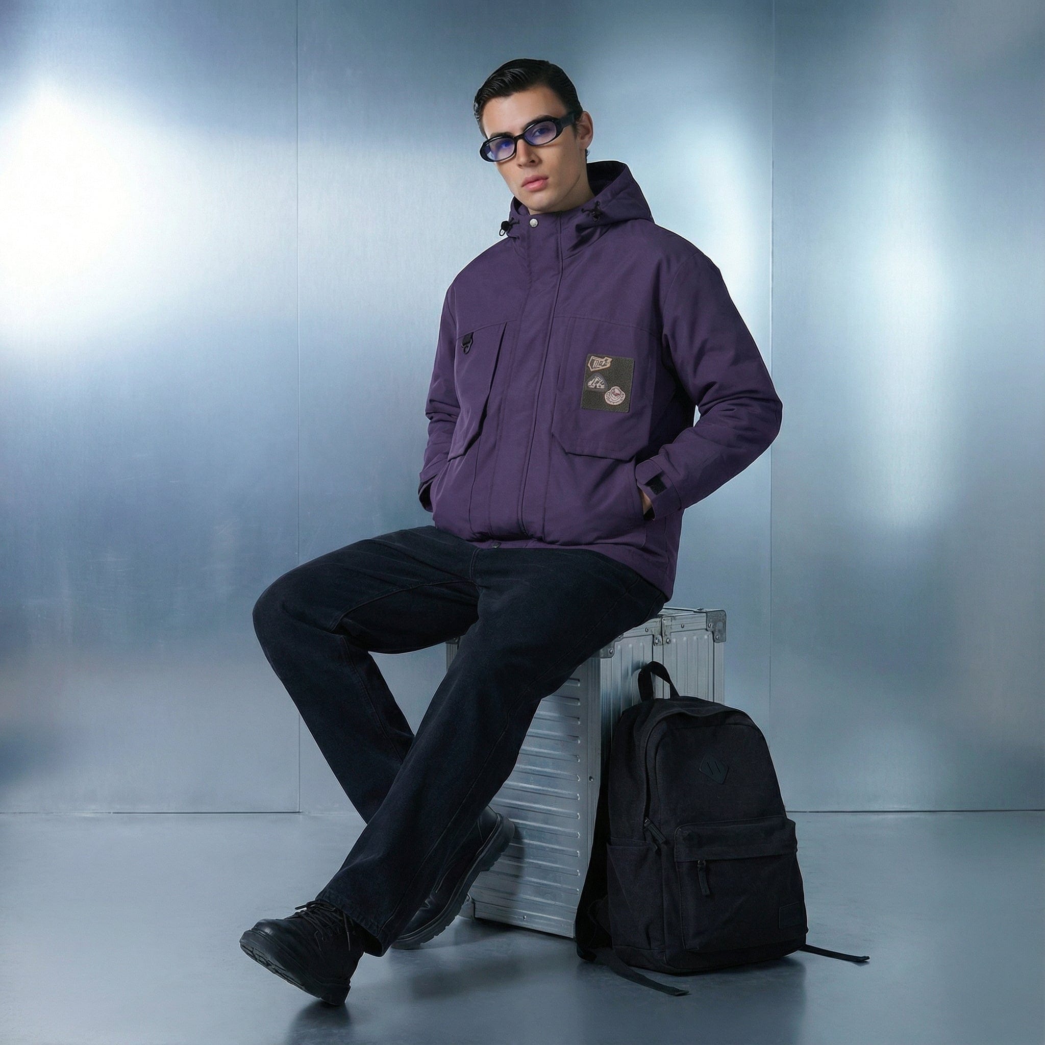 Purple Hooded Cargo Jacket