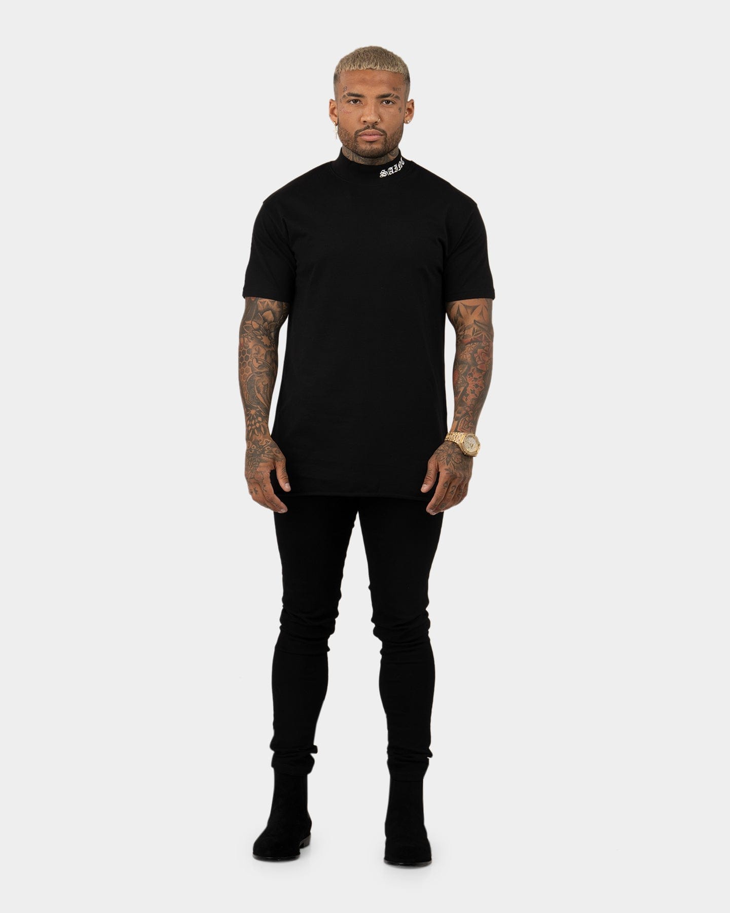 Saint Morta Old English Mock Neck T - Shirt Black/White