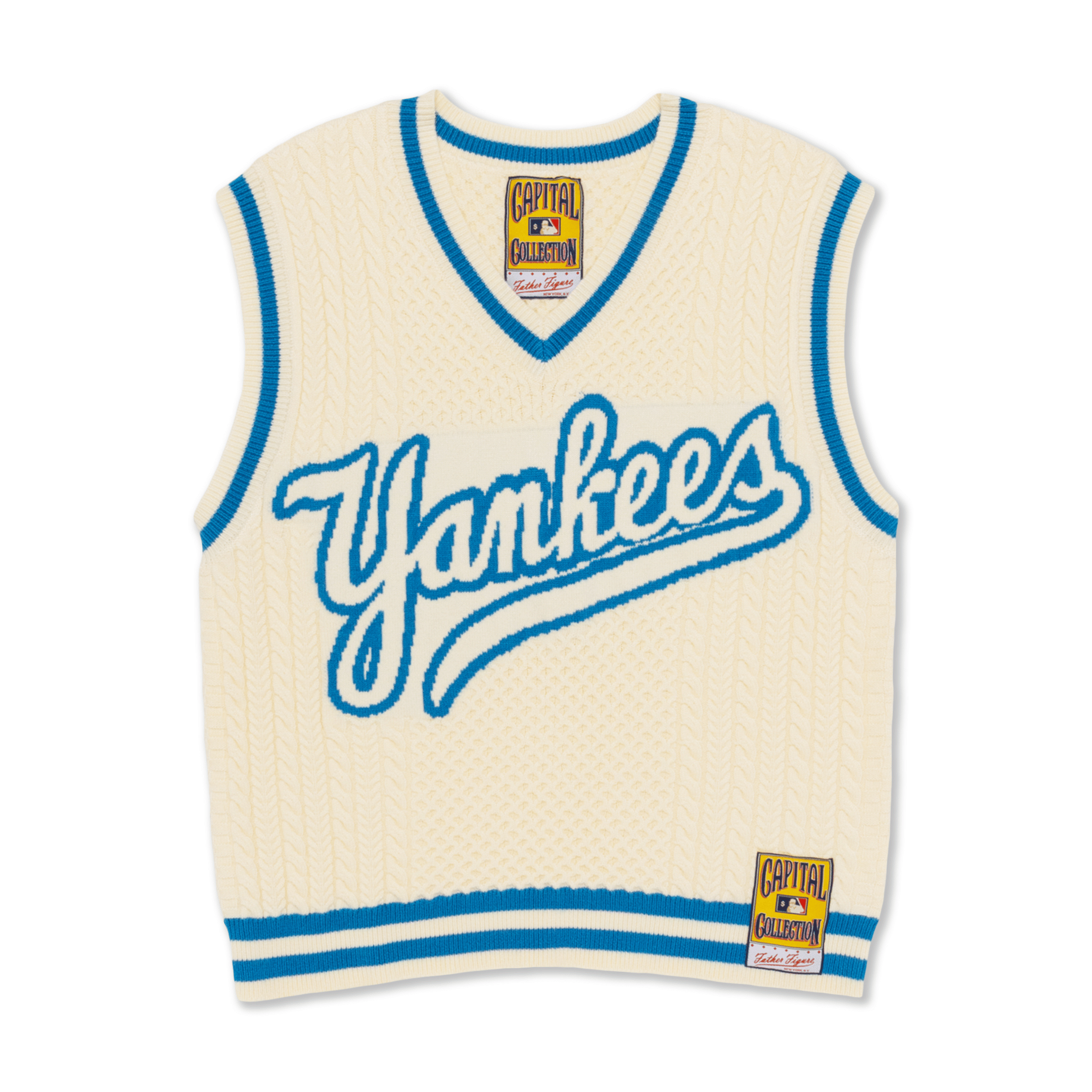 Father Figure Men's New York Yankees Knitted Sweater Vest Cream White/Light Blue