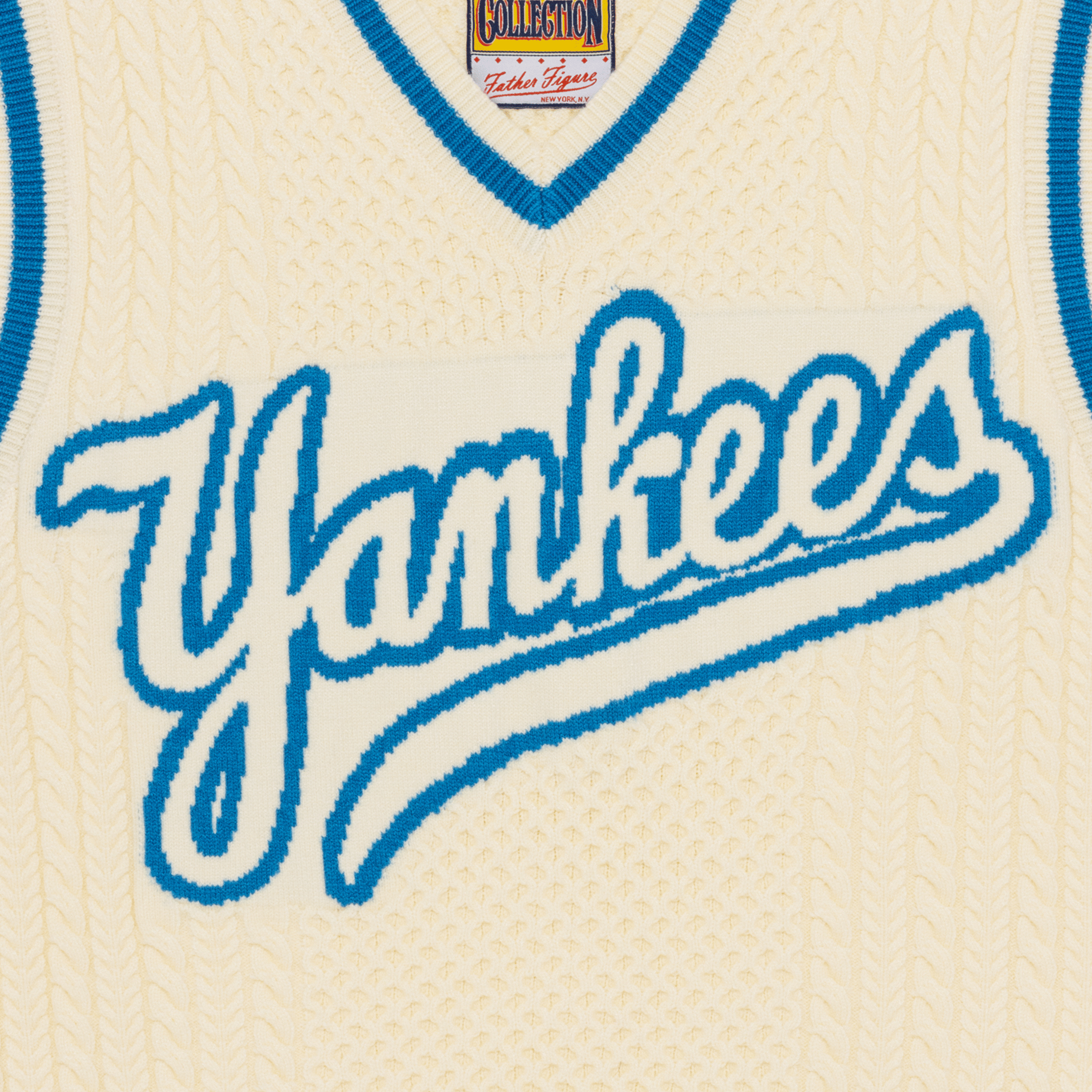 Father Figure Men's New York Yankees Knitted Sweater Vest Cream White/Light Blue