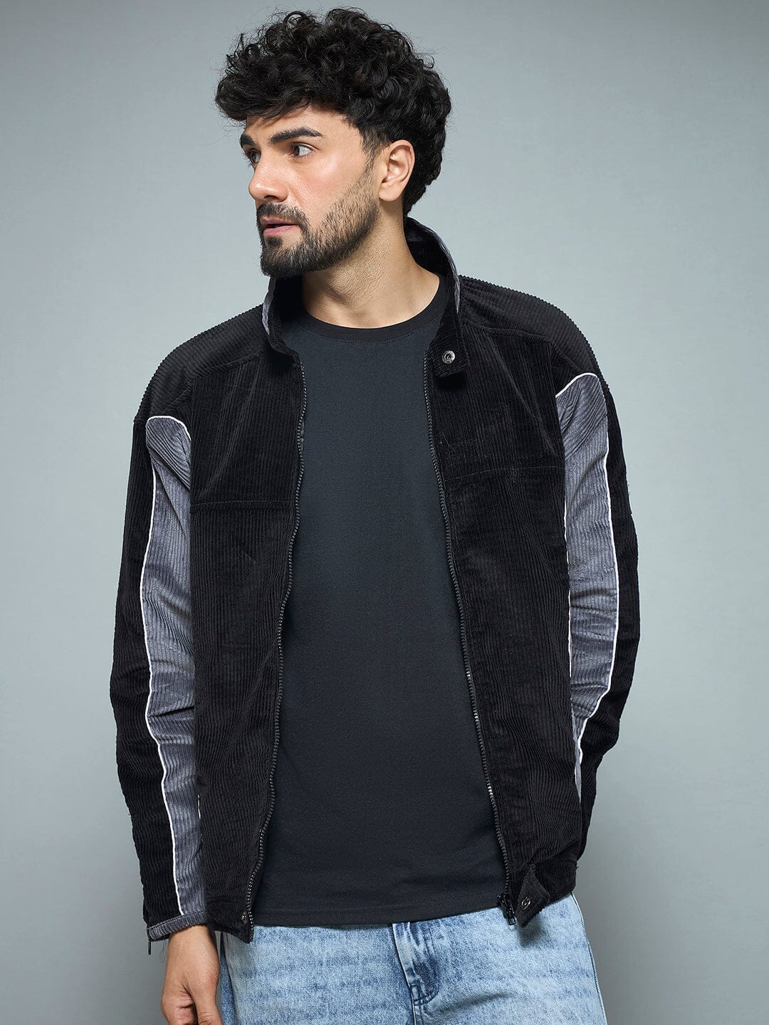 Corduroy Black & Grey Corduroy Moto Jacket