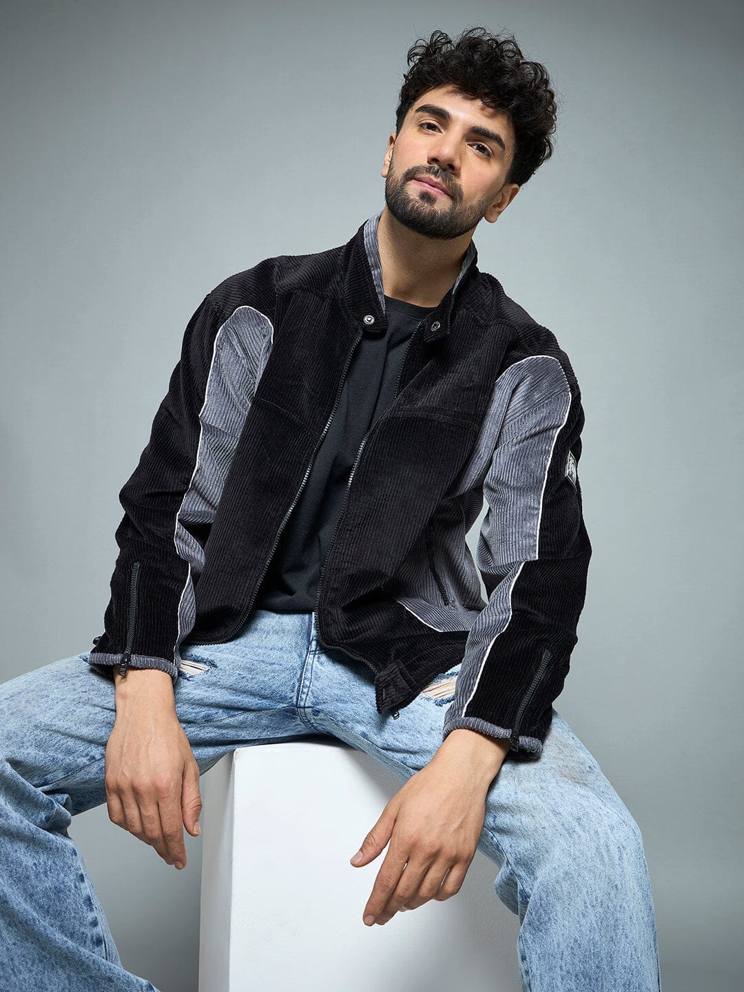 Corduroy Black & Grey Corduroy Moto Jacket