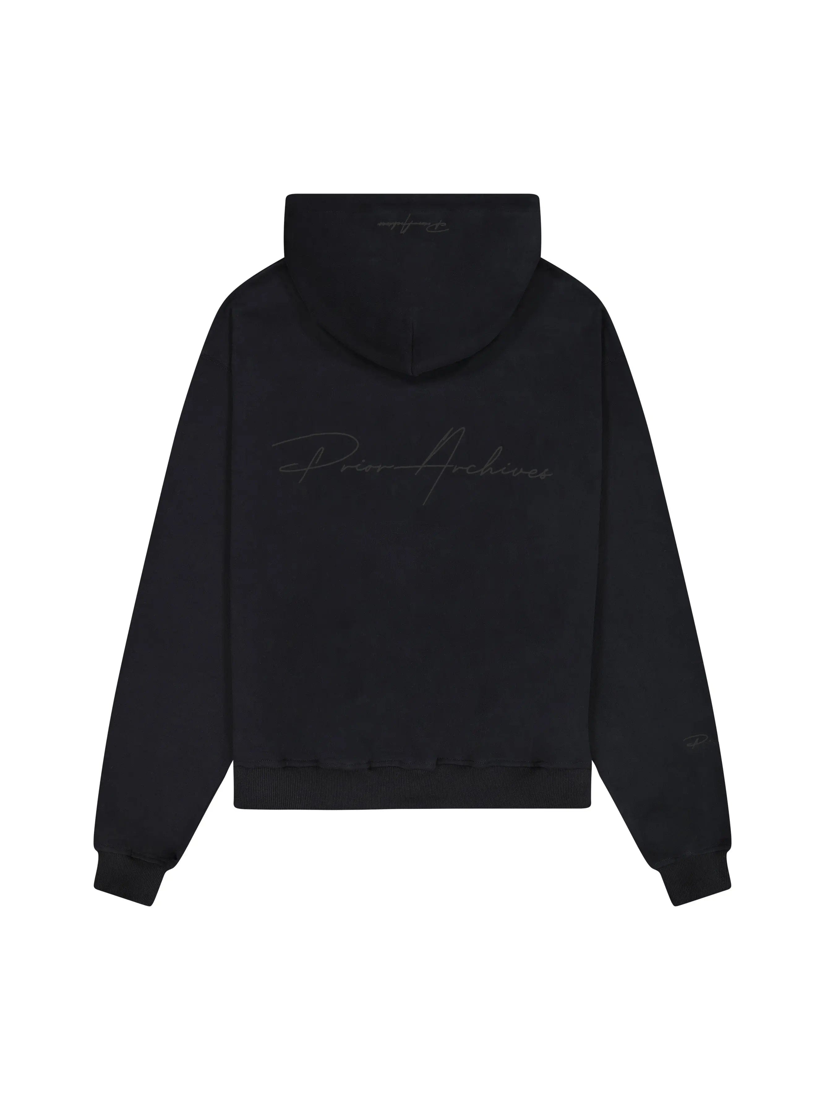 Prior Archives Prior Black Collection Embroidery Logo Oversized Cropped Hoodie Onyx