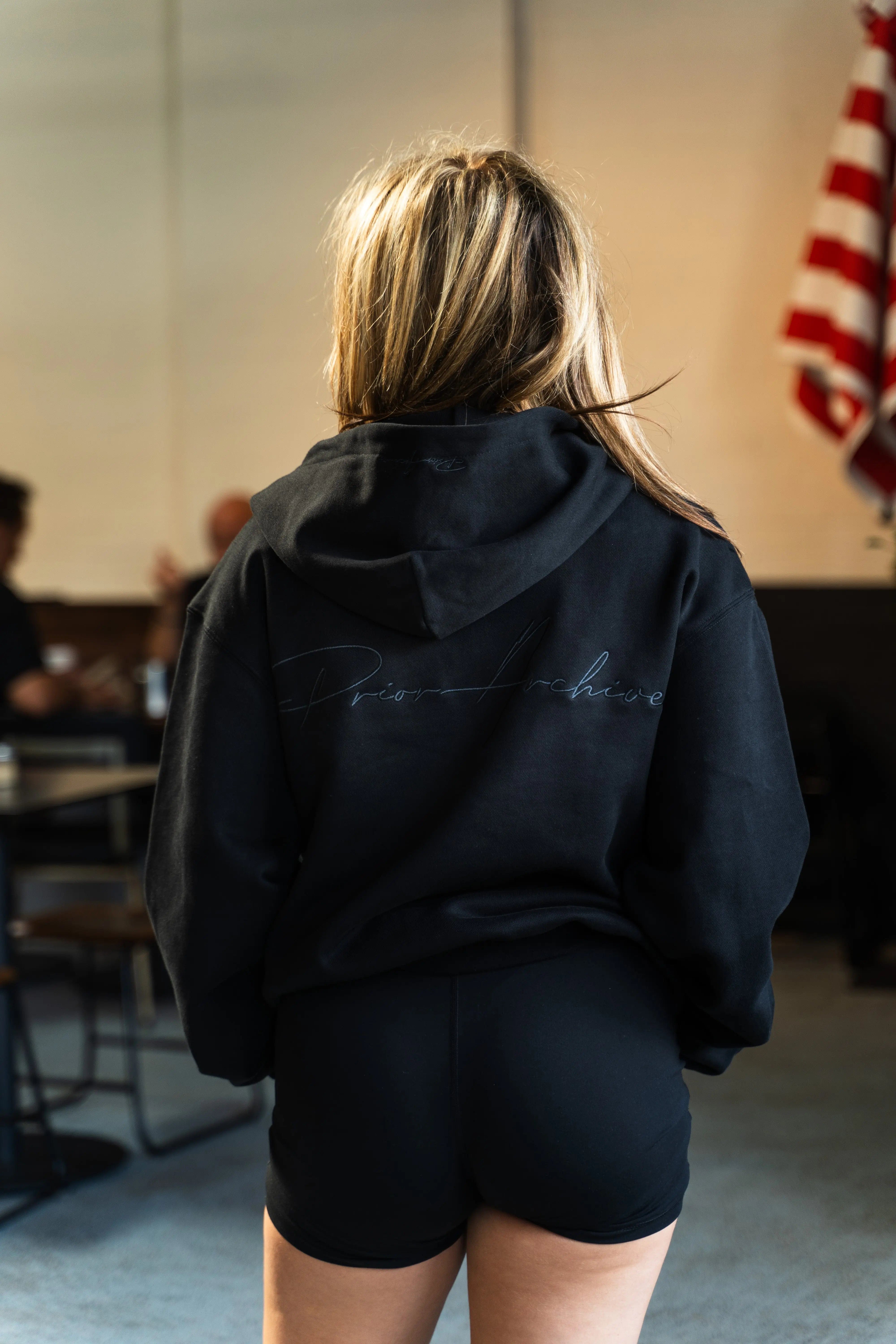 Prior Archives Prior Black Collection Embroidery Logo Oversized Cropped Hoodie Onyx