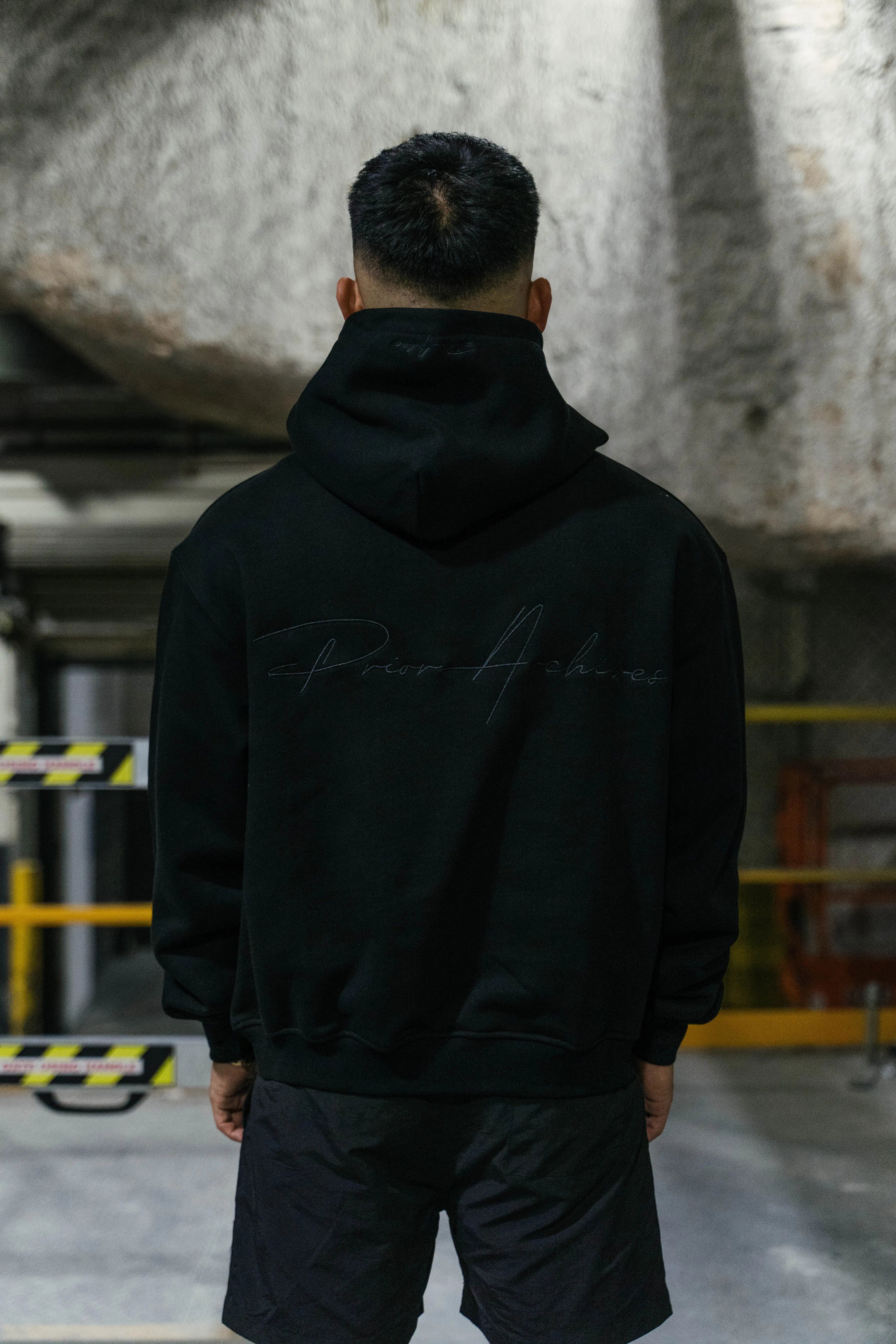 Prior Archives Prior Black Collection Embroidery Logo Oversized Cropped Hoodie Onyx