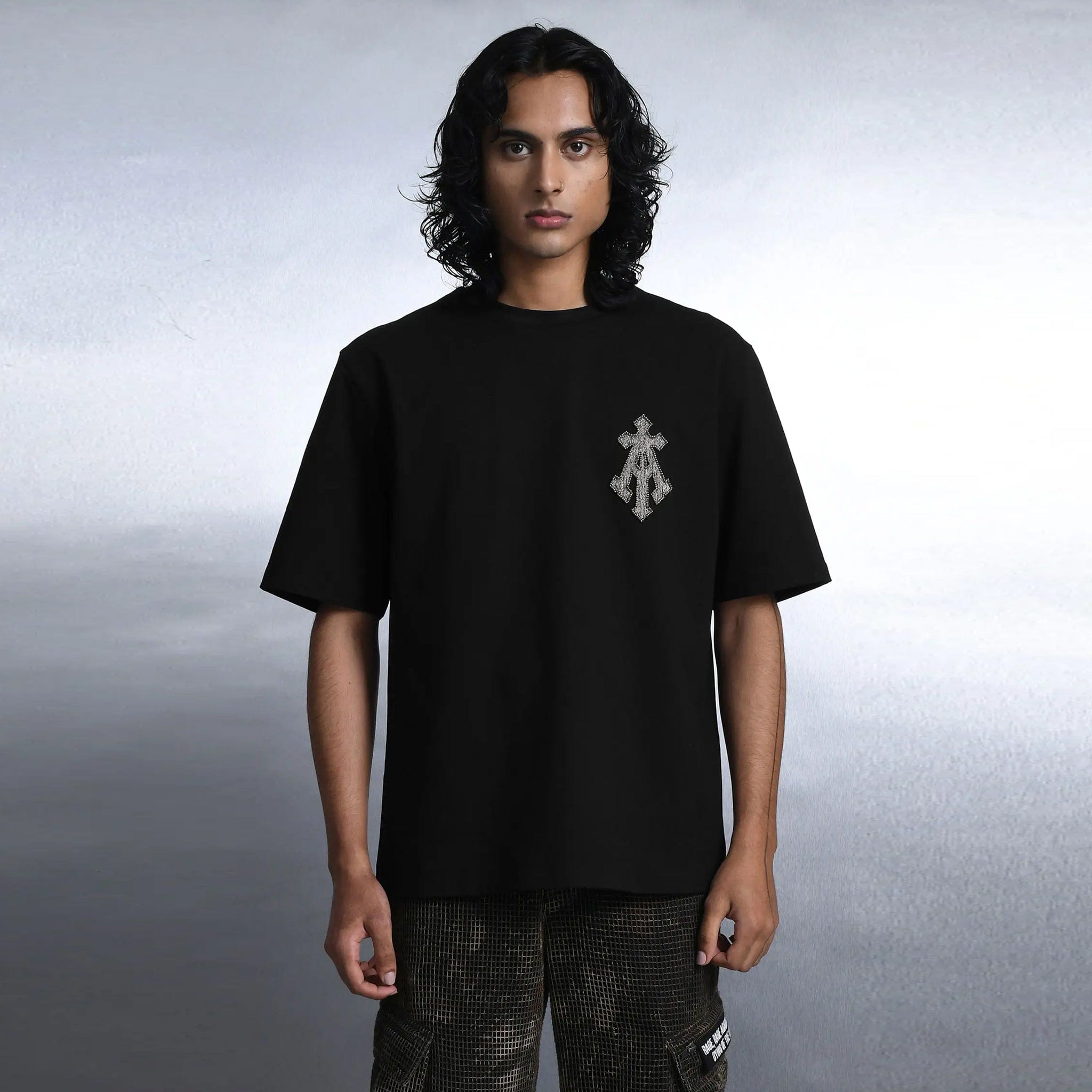 Almost Gods Alpha Cross T-Shirt In Zari Embroidery (Black)