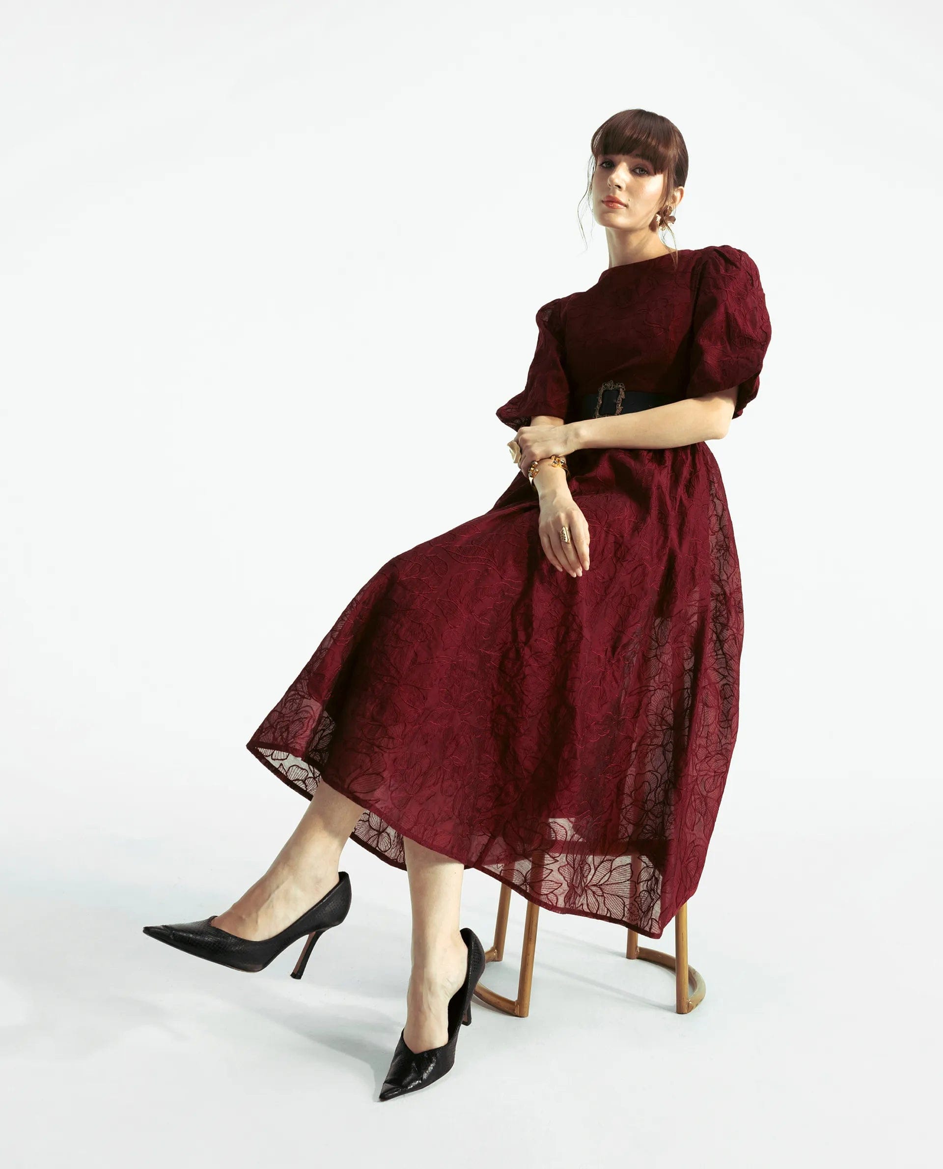 Rareism Women's Avind Maroon Viscose Blend Round Neck Fit And Flare Plain Dress