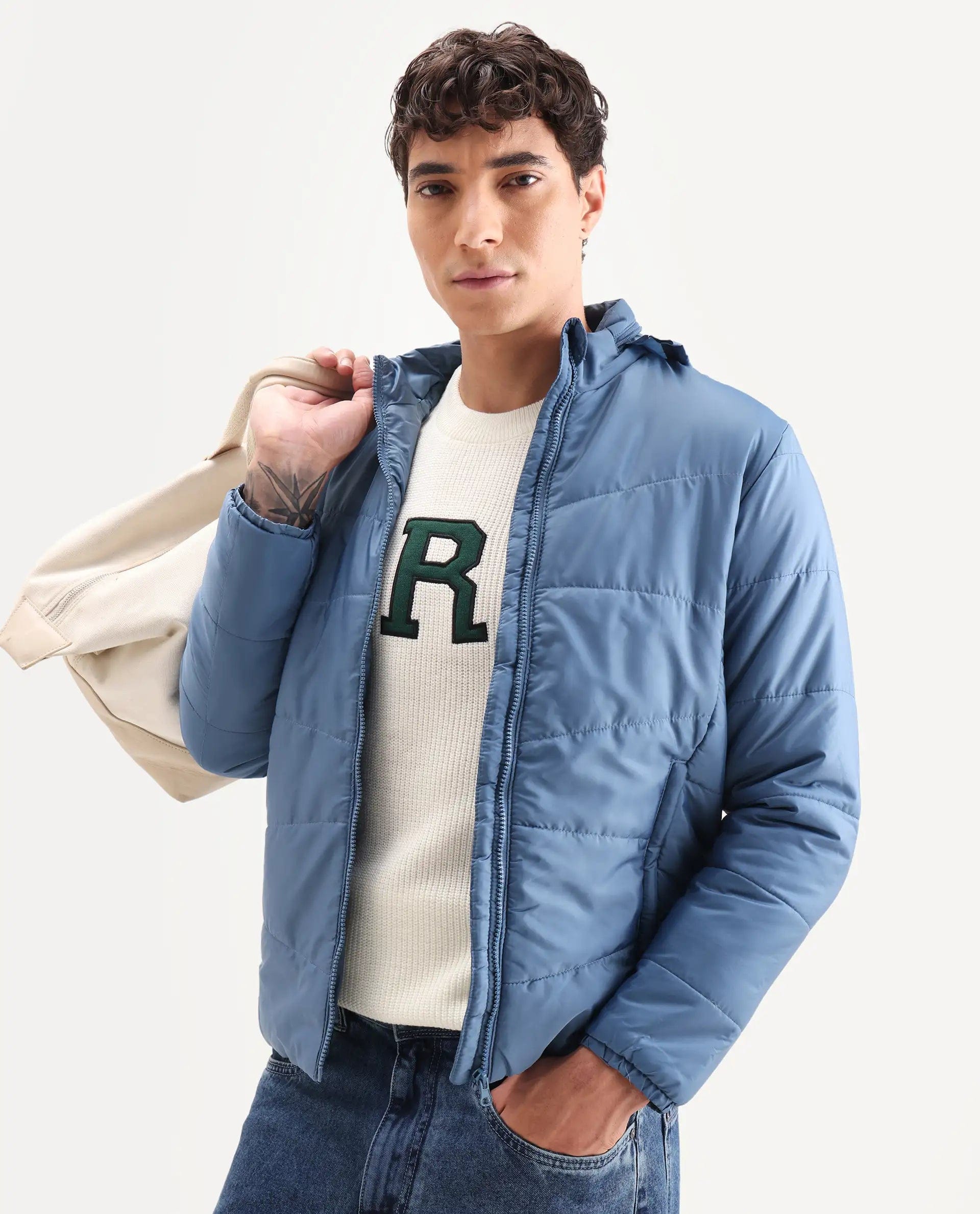 RARE Rabbit Men's Parco Dark Blue Nylon Plain Regular Fit Full Sleeve Hooded Jacket