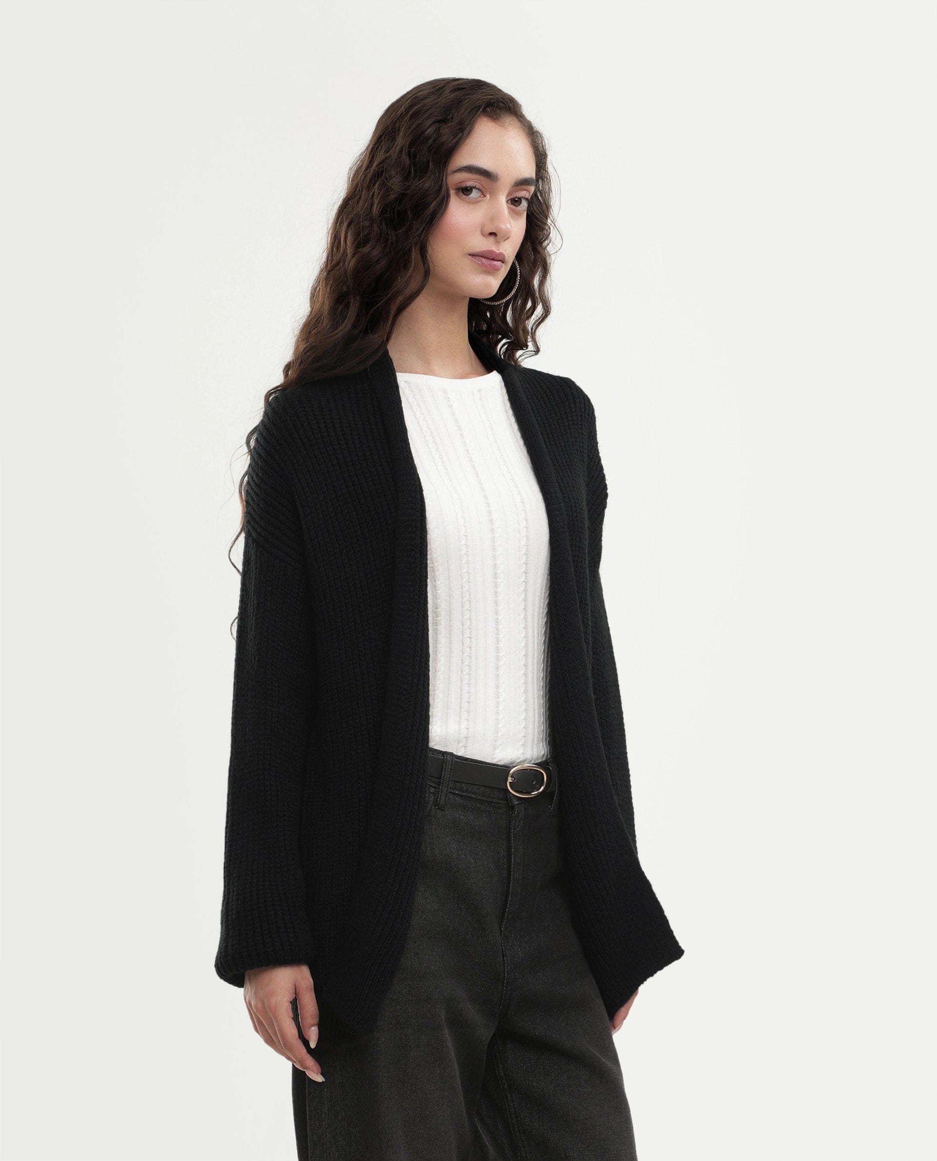 Rareism Women's Jugaw26 Black Acrylic Blend Lapel Neck Relaxed Fit Plain Shrug