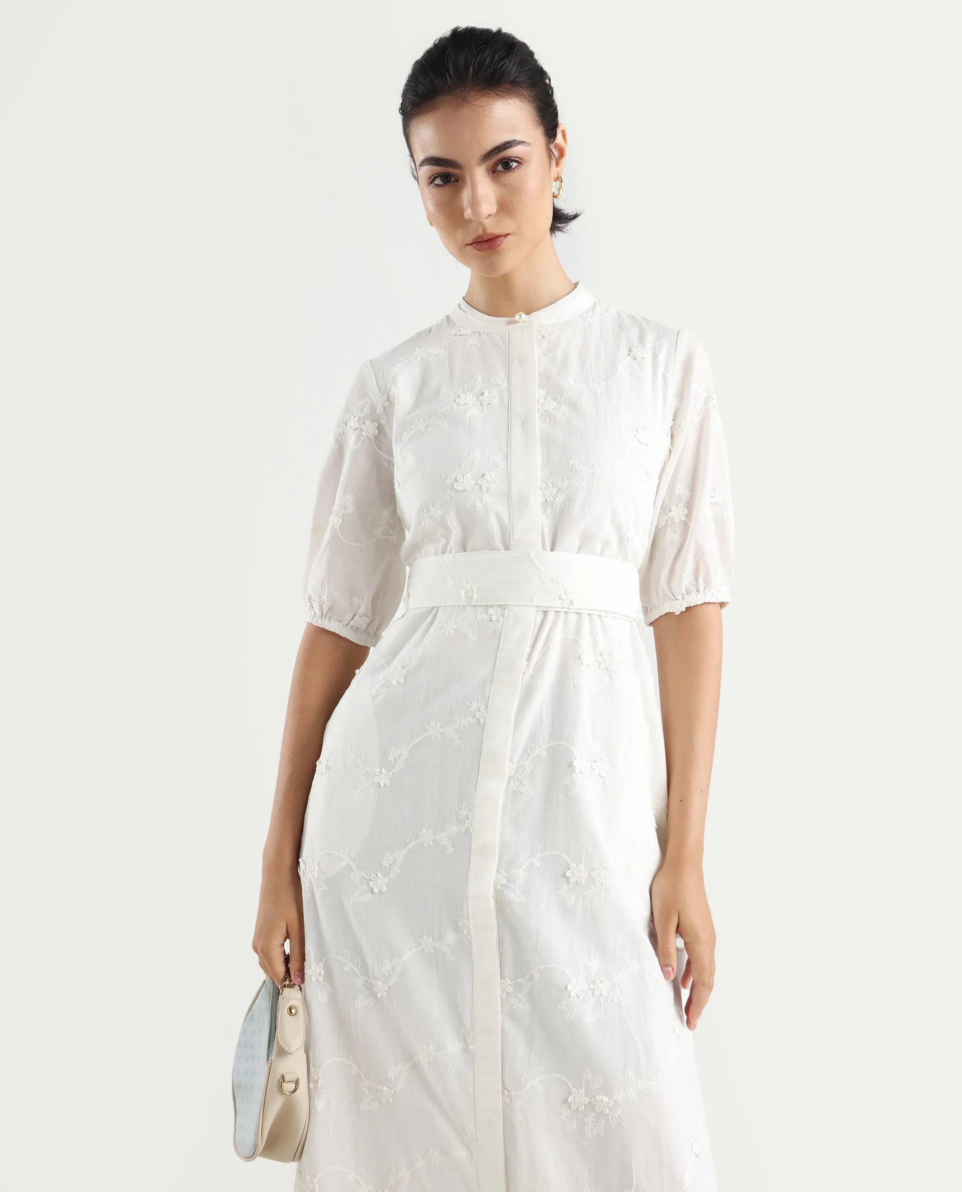 Rareism Women's Caledon White Round Neck Embroidered Puff Sleeves Midi A - Line Dress