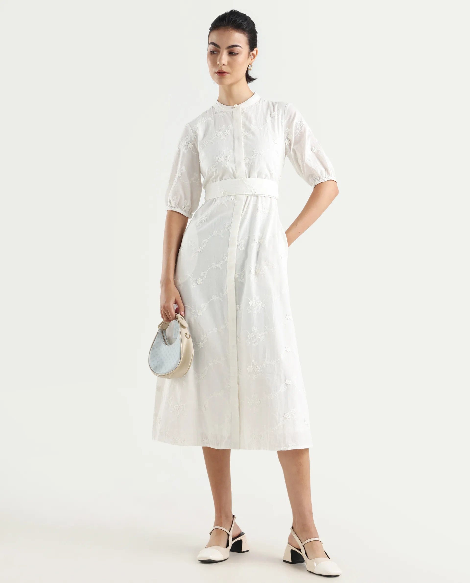 Rareism Women's Caledon White Round Neck Embroidered Puff Sleeves Midi A - Line Dress