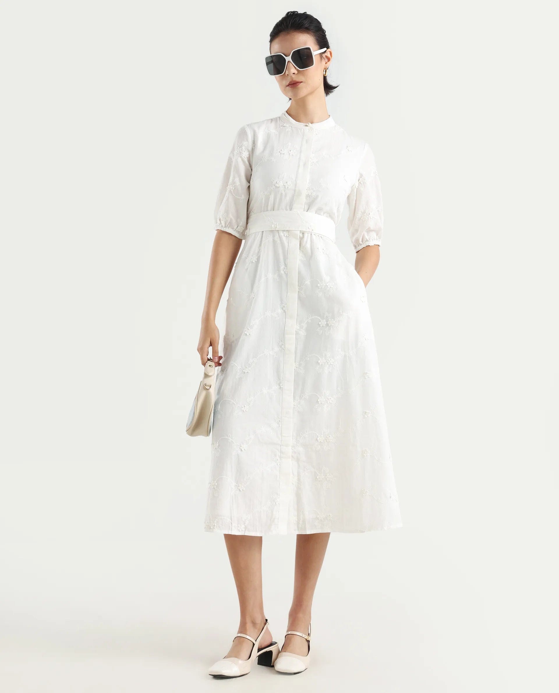 Rareism Women's Caledon White Round Neck Embroidered Puff Sleeves Midi A - Line Dress