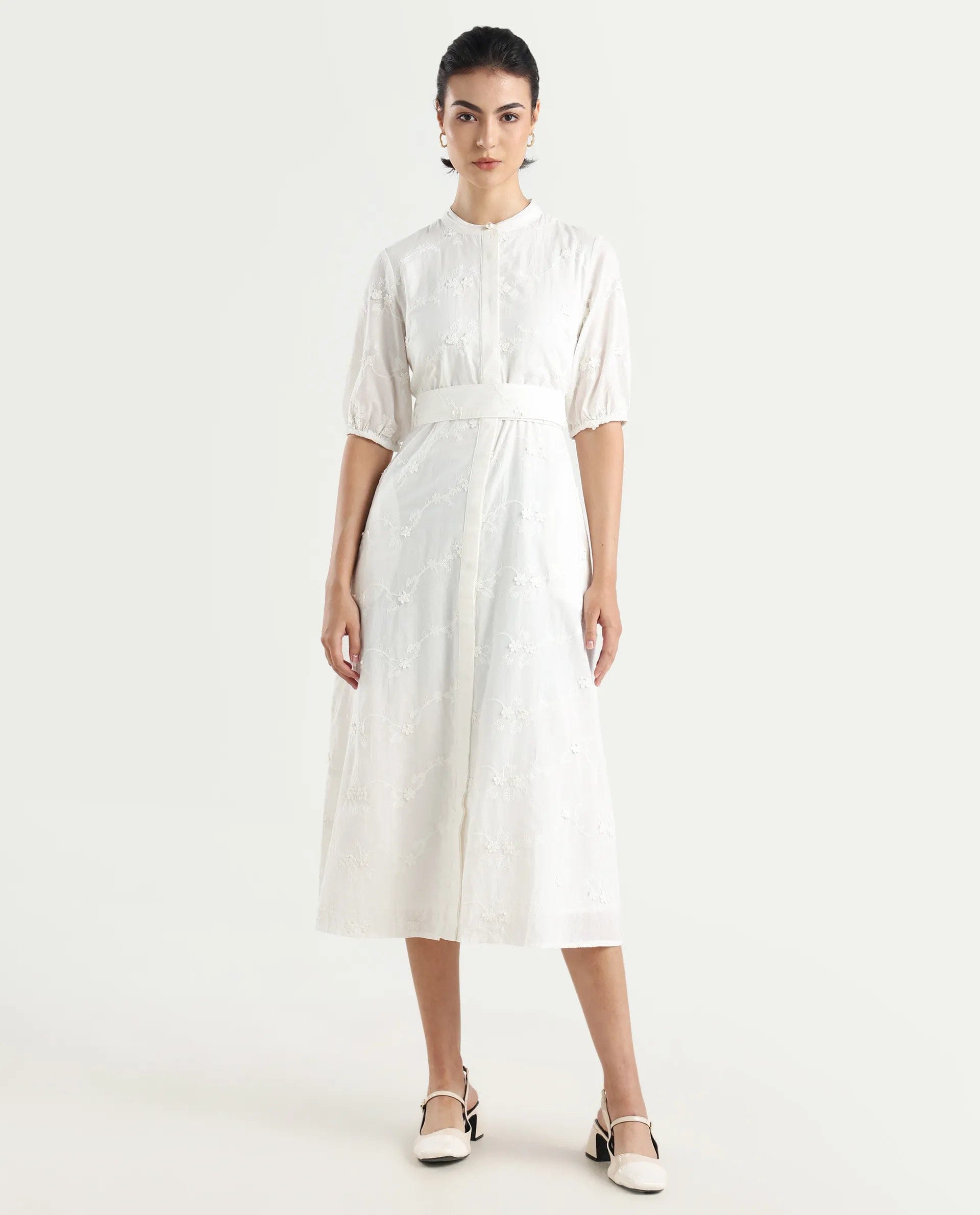 Rareism Women's Caledon White Round Neck Embroidered Puff Sleeves Midi A - Line Dress