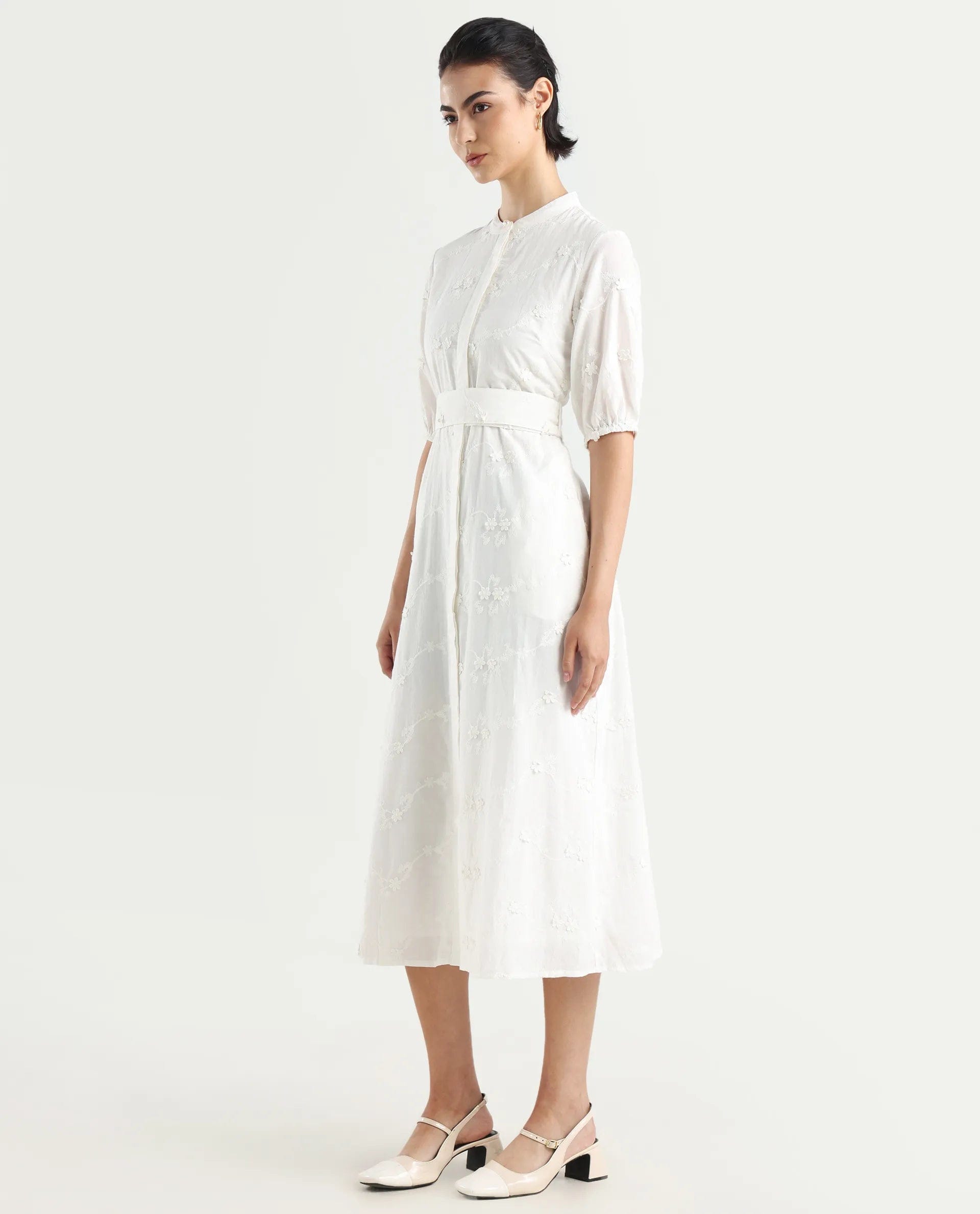 Rareism Women's Caledon White Round Neck Embroidered Puff Sleeves Midi A - Line Dress