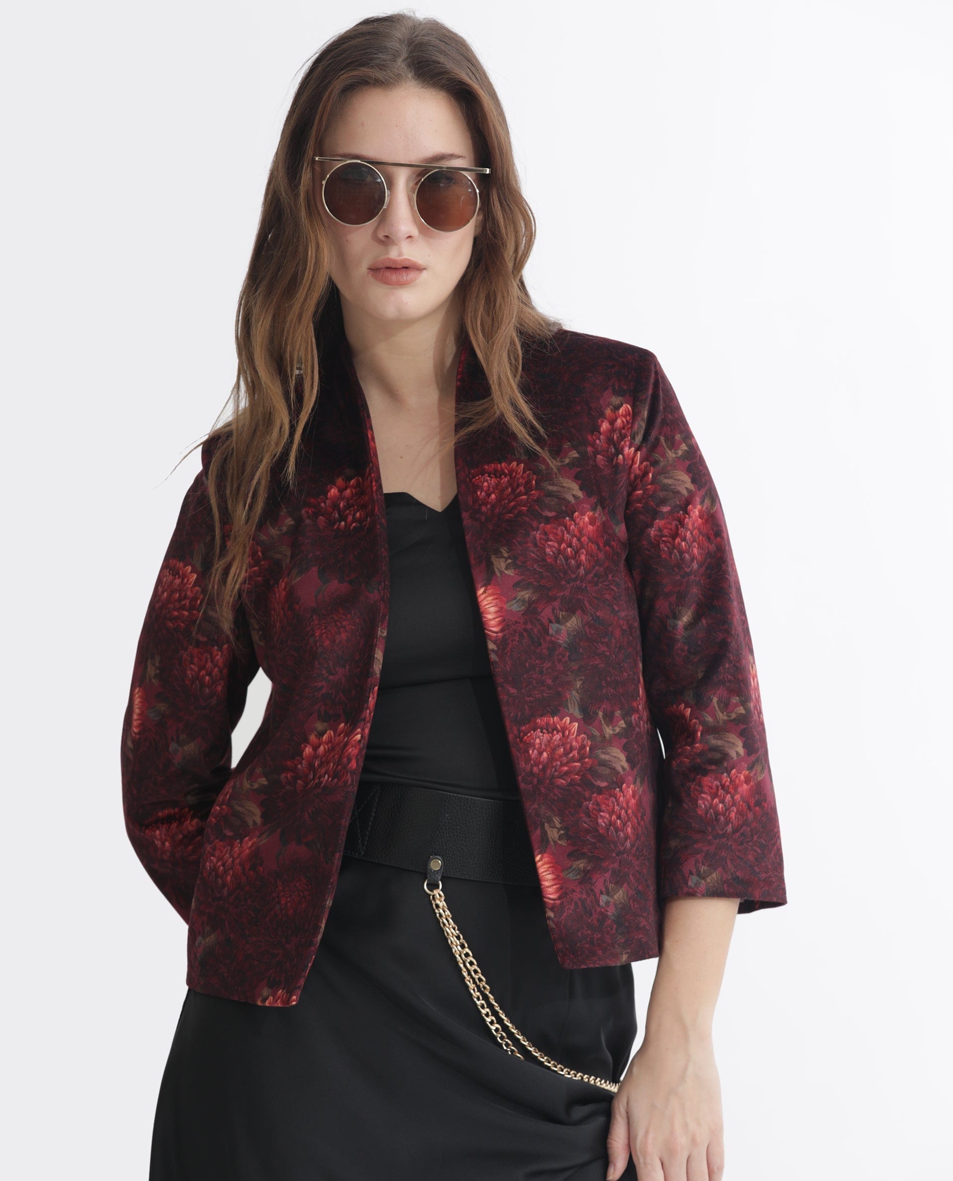 Rareism Women's Arizu Maroon Polyester Blend Collarless Floral Print Regular Fit Shrug