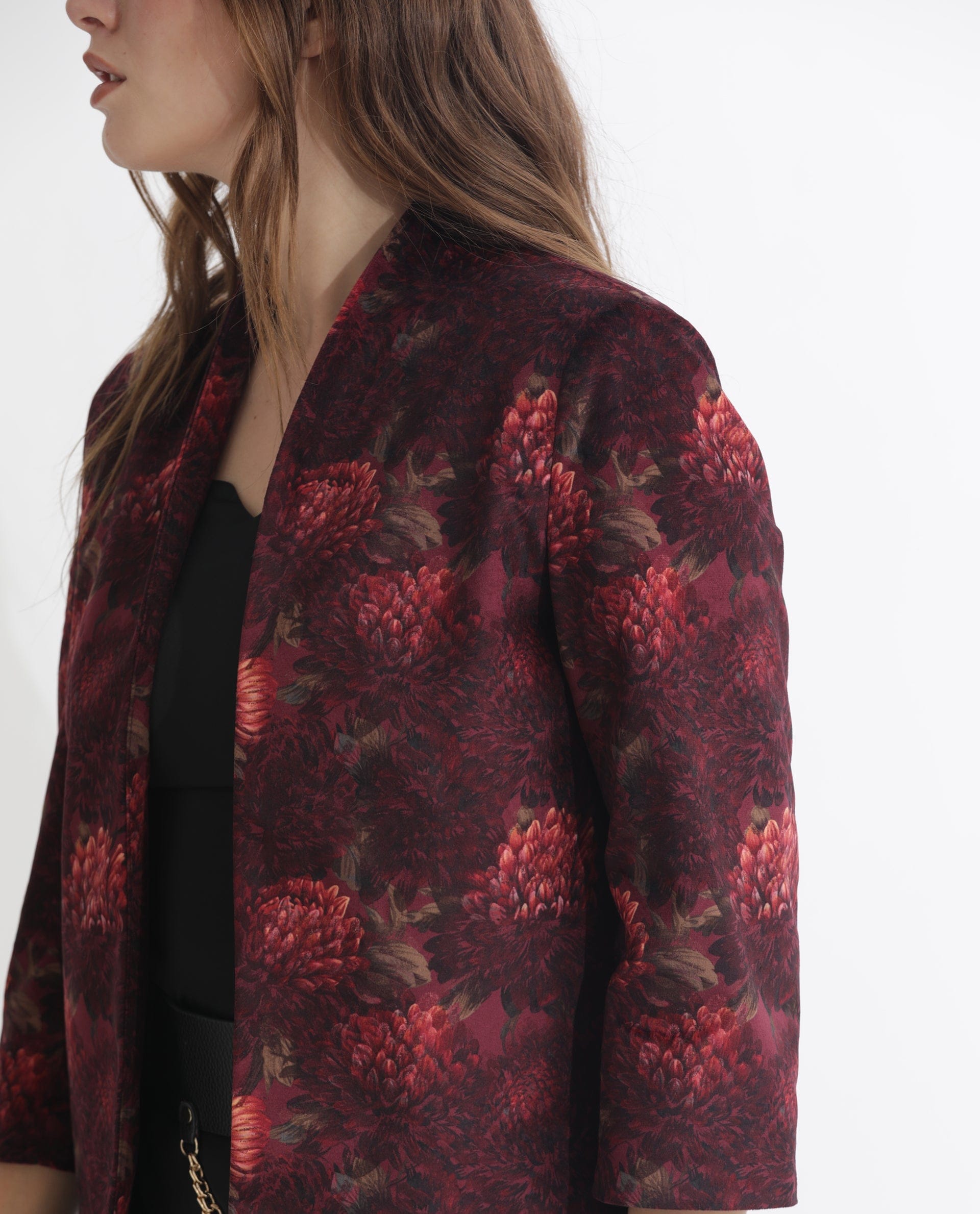 Rareism Women's Arizu Maroon Polyester Blend Collarless Floral Print Regular Fit Shrug