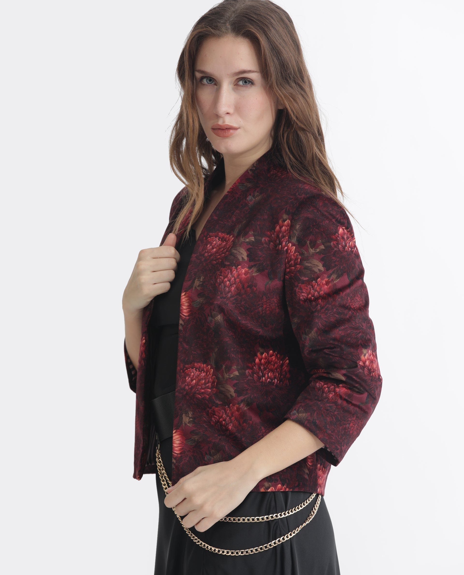 Rareism Women's Arizu Maroon Polyester Blend Collarless Floral Print Regular Fit Shrug