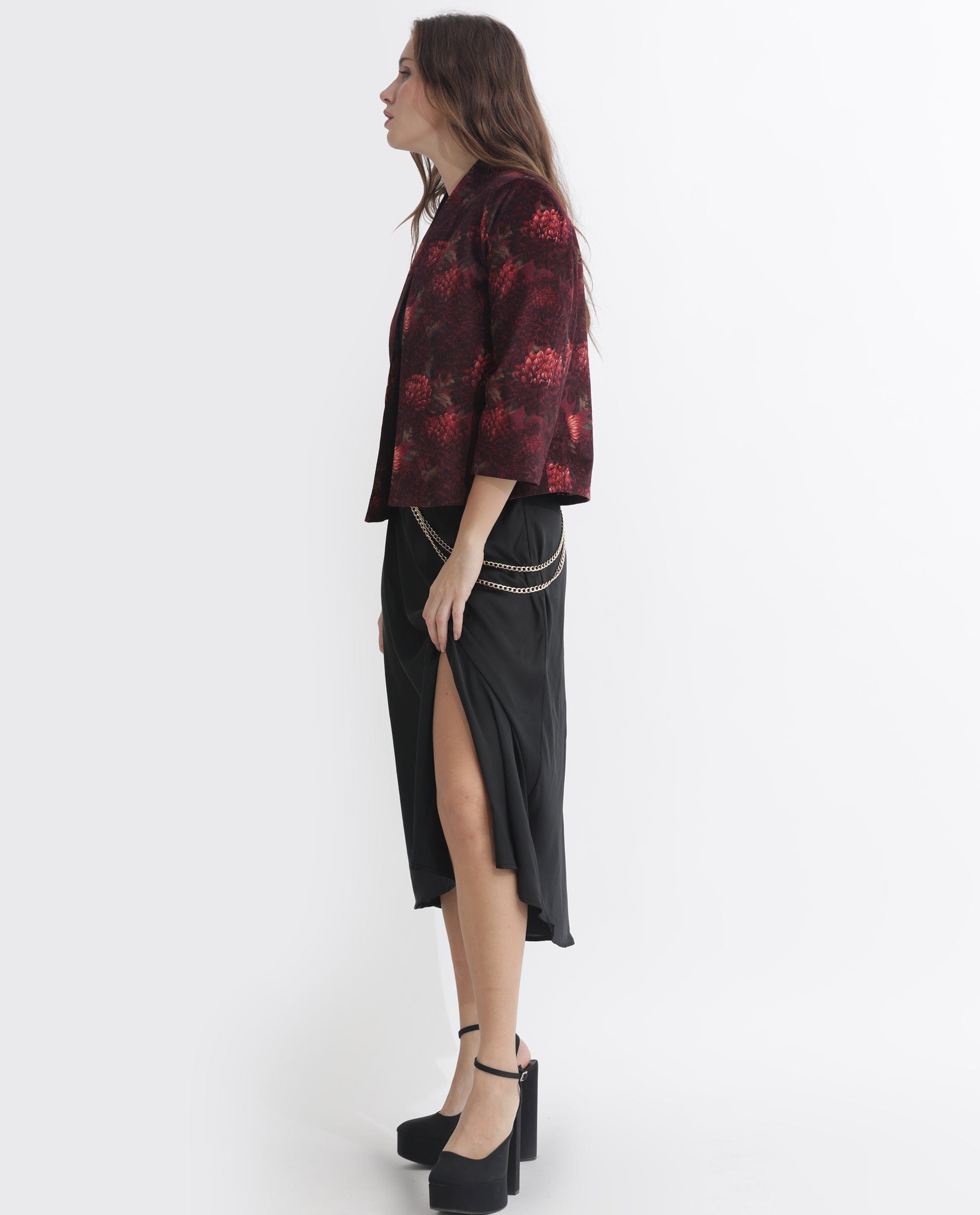 Rareism Women's Arizu Maroon Polyester Blend Collarless Floral Print Regular Fit Shrug