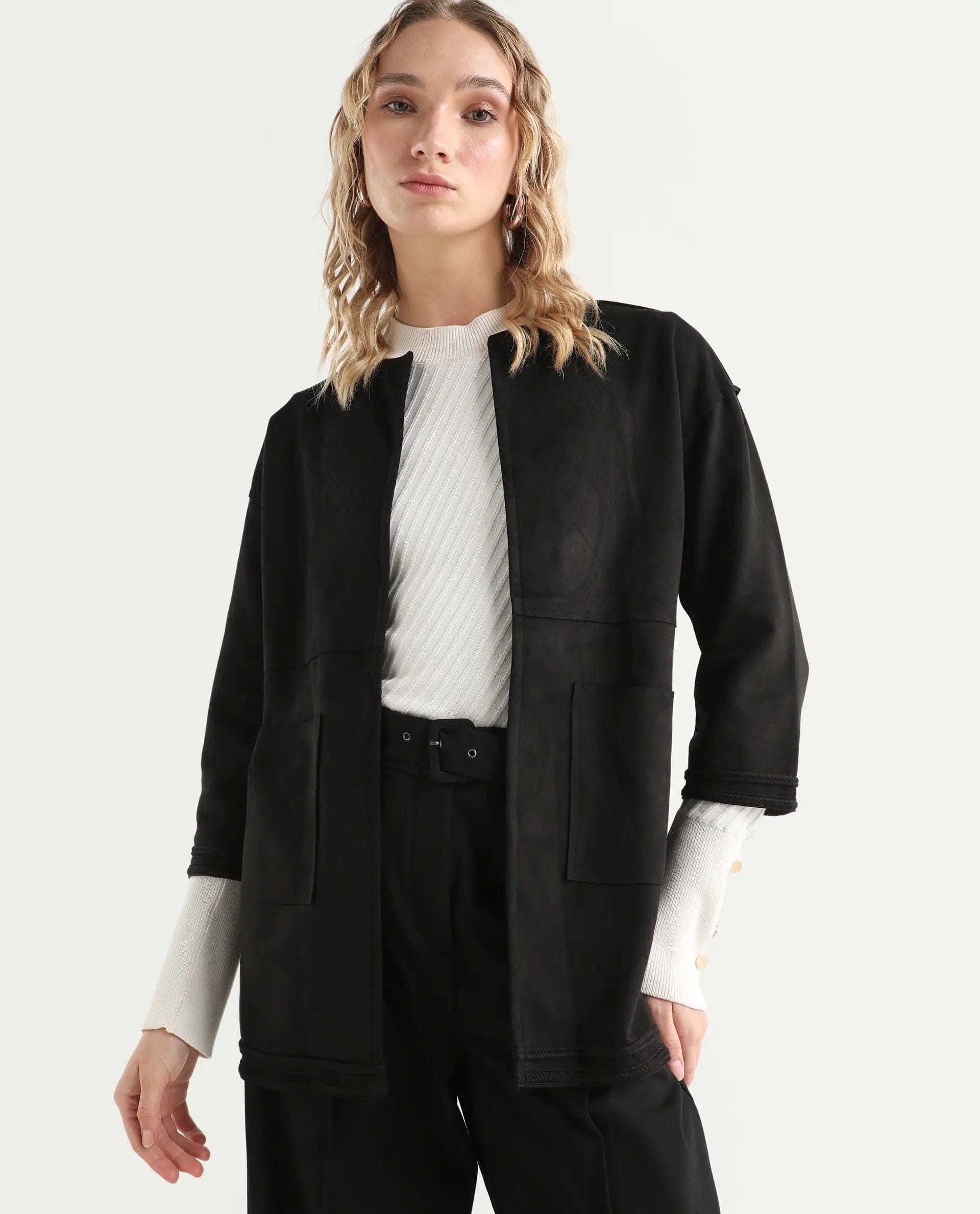 Rareism Women's Square Black Polyester Boat Neck Plain Regular Fit Jacket