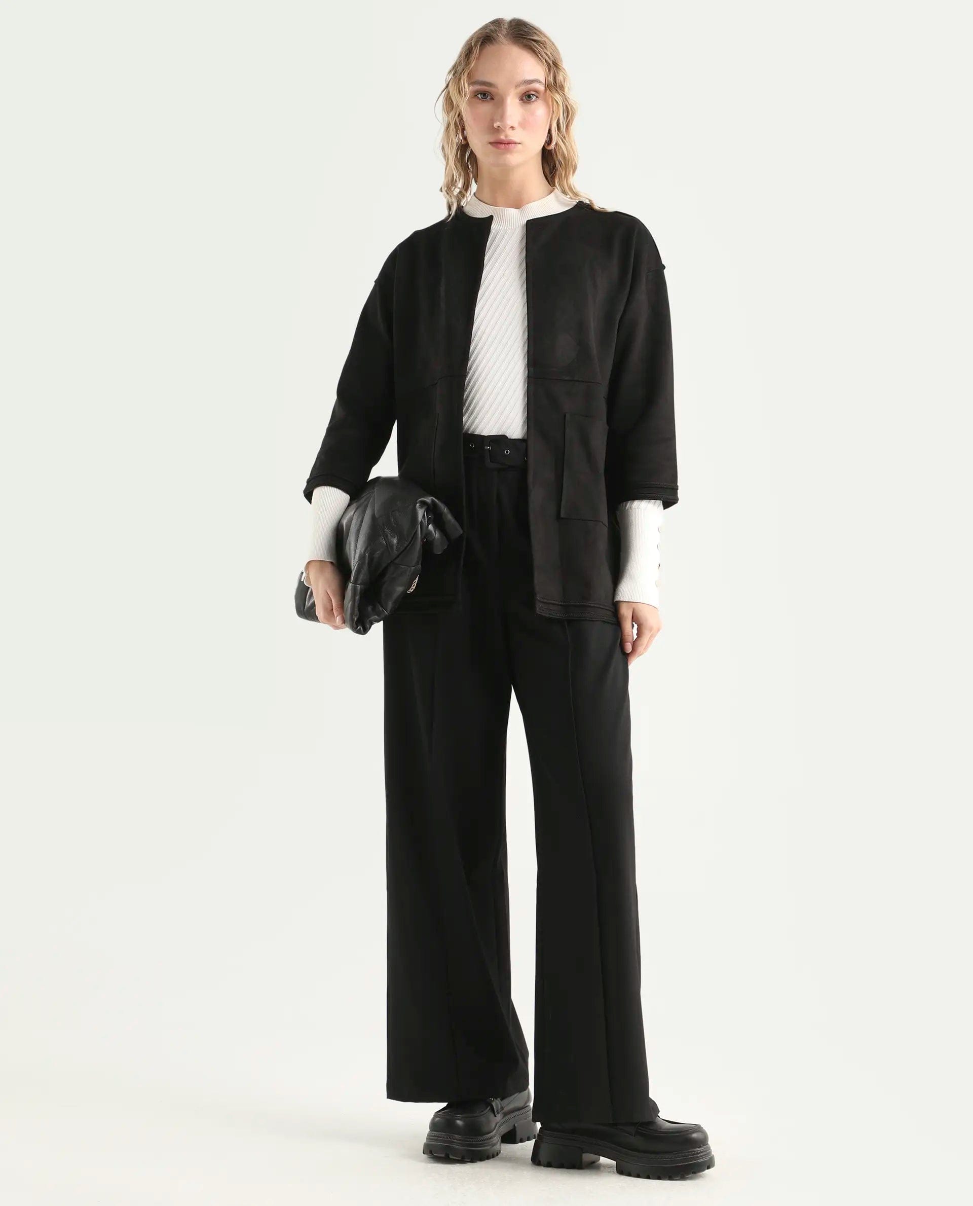 Rareism Women's Square Black Polyester Boat Neck Plain Regular Fit Jacket