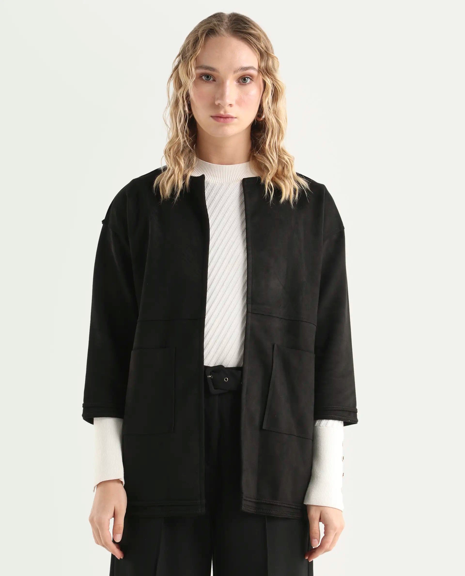 Rareism Women's Square Black Polyester Boat Neck Plain Regular Fit Jacket