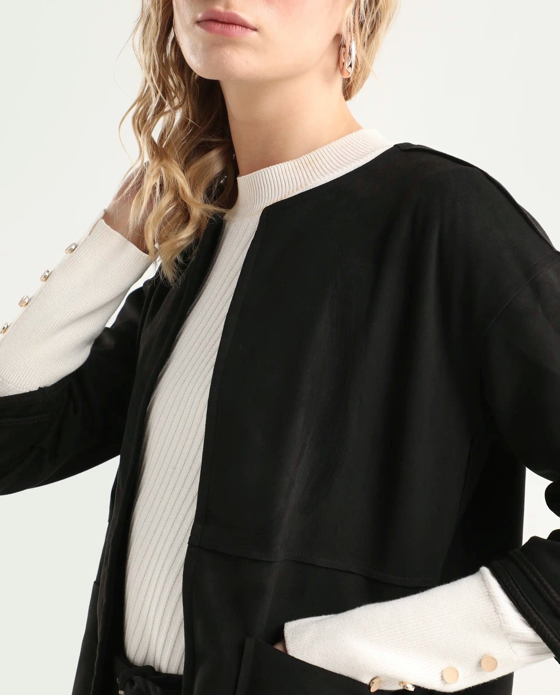 Rareism Women's Square Black Polyester Boat Neck Plain Regular Fit Jacket