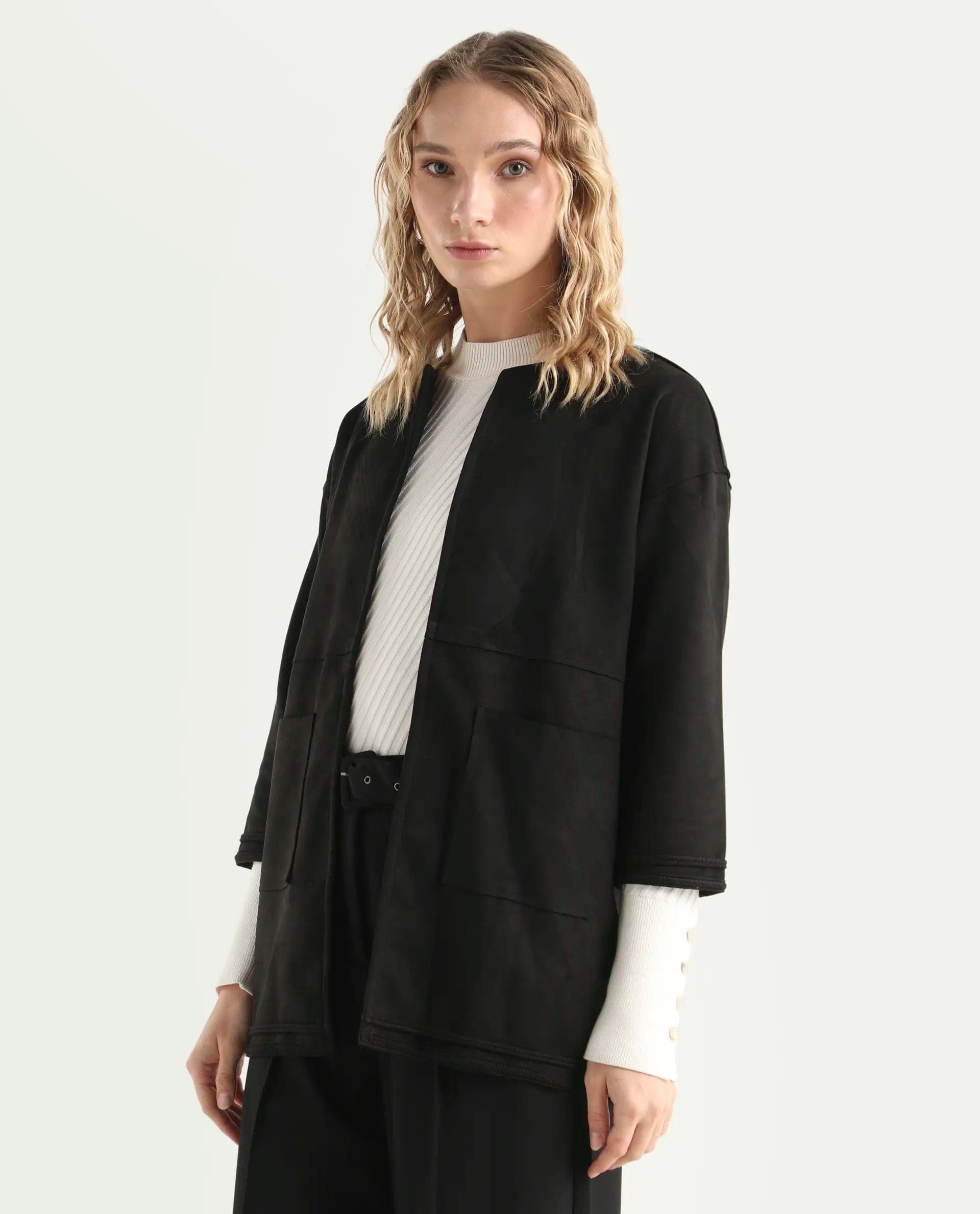 Rareism Women's Square Black Polyester Boat Neck Plain Regular Fit Jacket