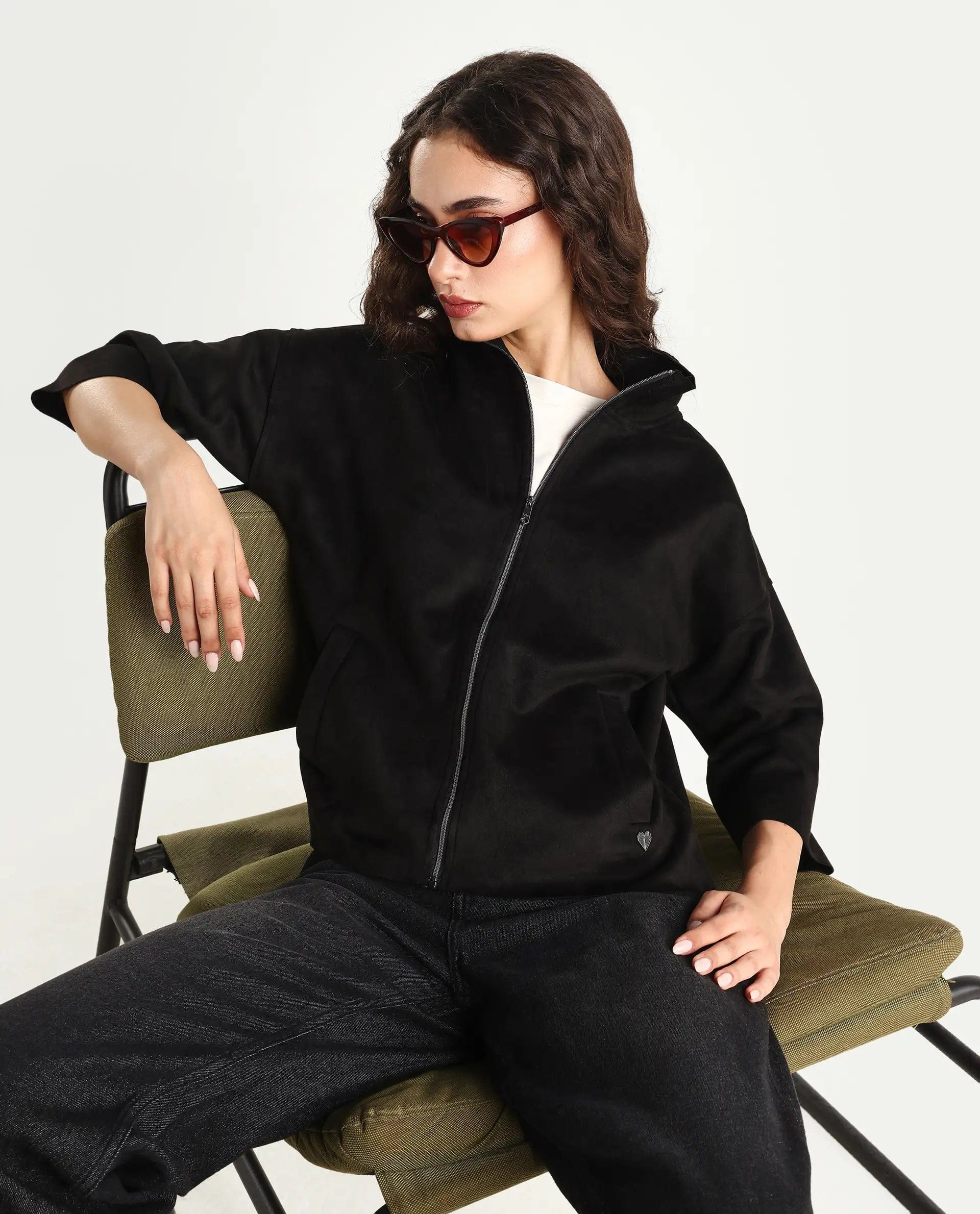 Rareism Women's Vasu 2 Black Polyester Blend Stand Collar Plain Boxy Fit Jacket