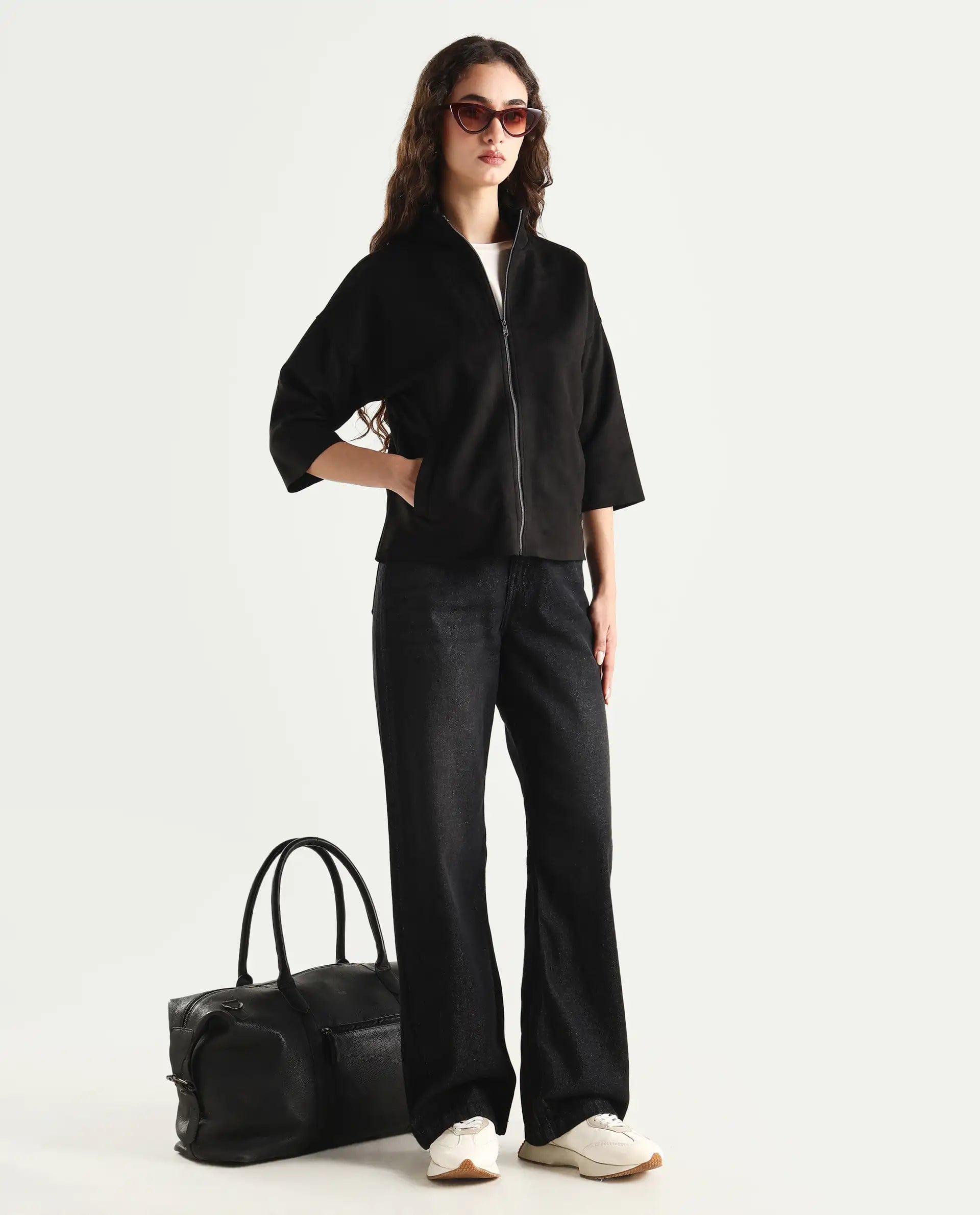 Rareism Women's Vasu 2 Black Polyester Blend Stand Collar Plain Boxy Fit Jacket