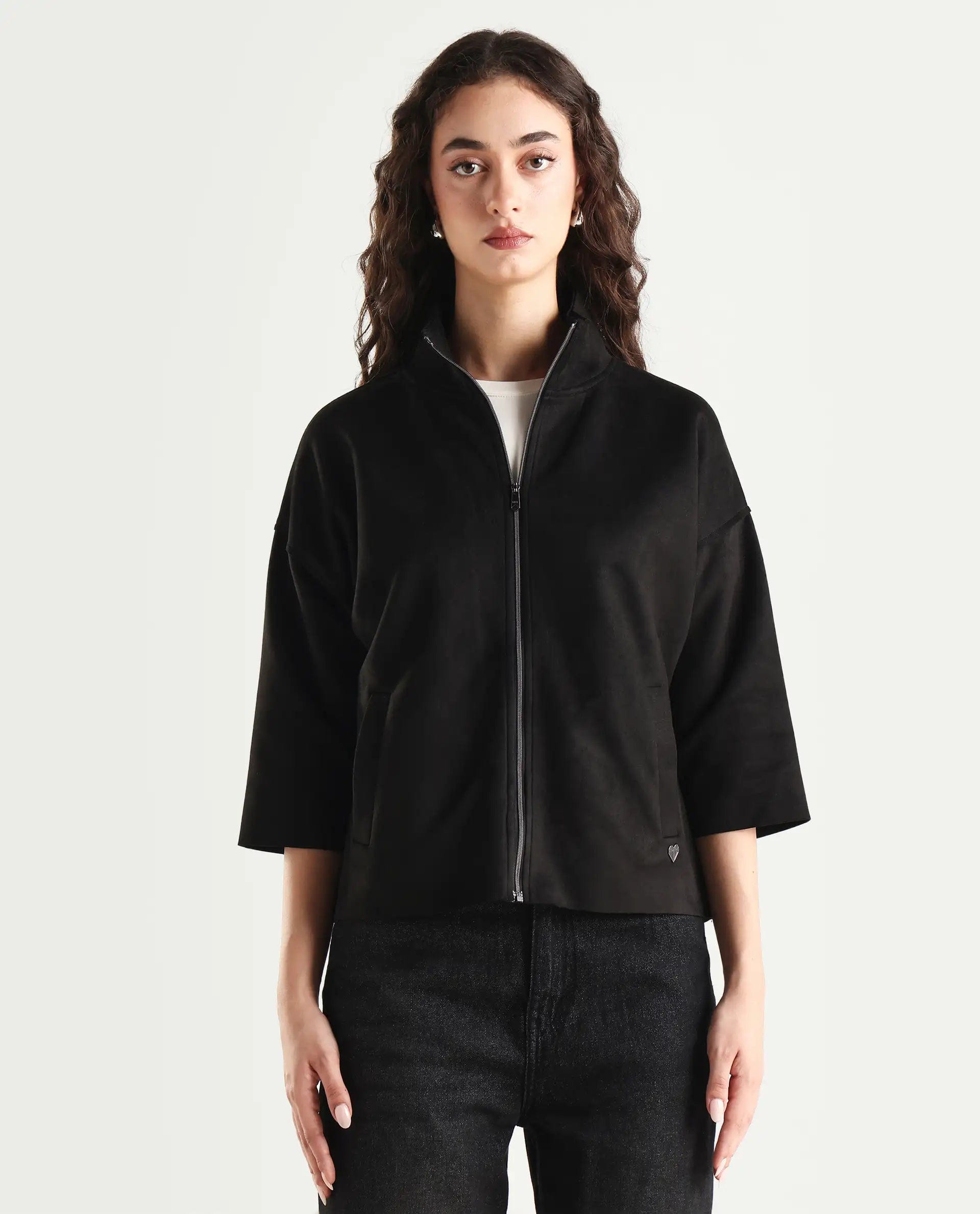 Rareism Women's Vasu 2 Black Polyester Blend Stand Collar Plain Boxy Fit Jacket