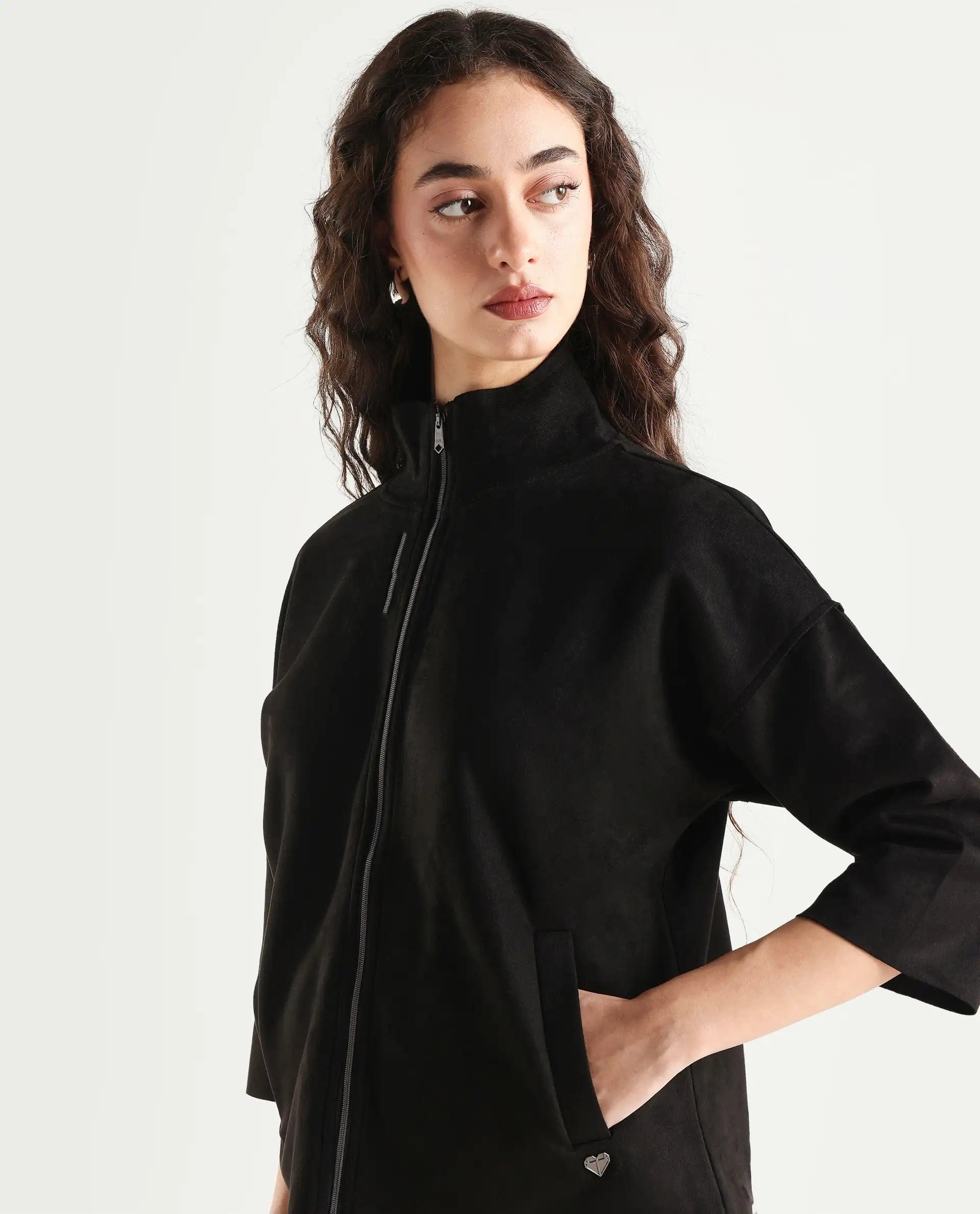 Rareism Women's Vasu 2 Black Polyester Blend Stand Collar Plain Boxy Fit Jacket
