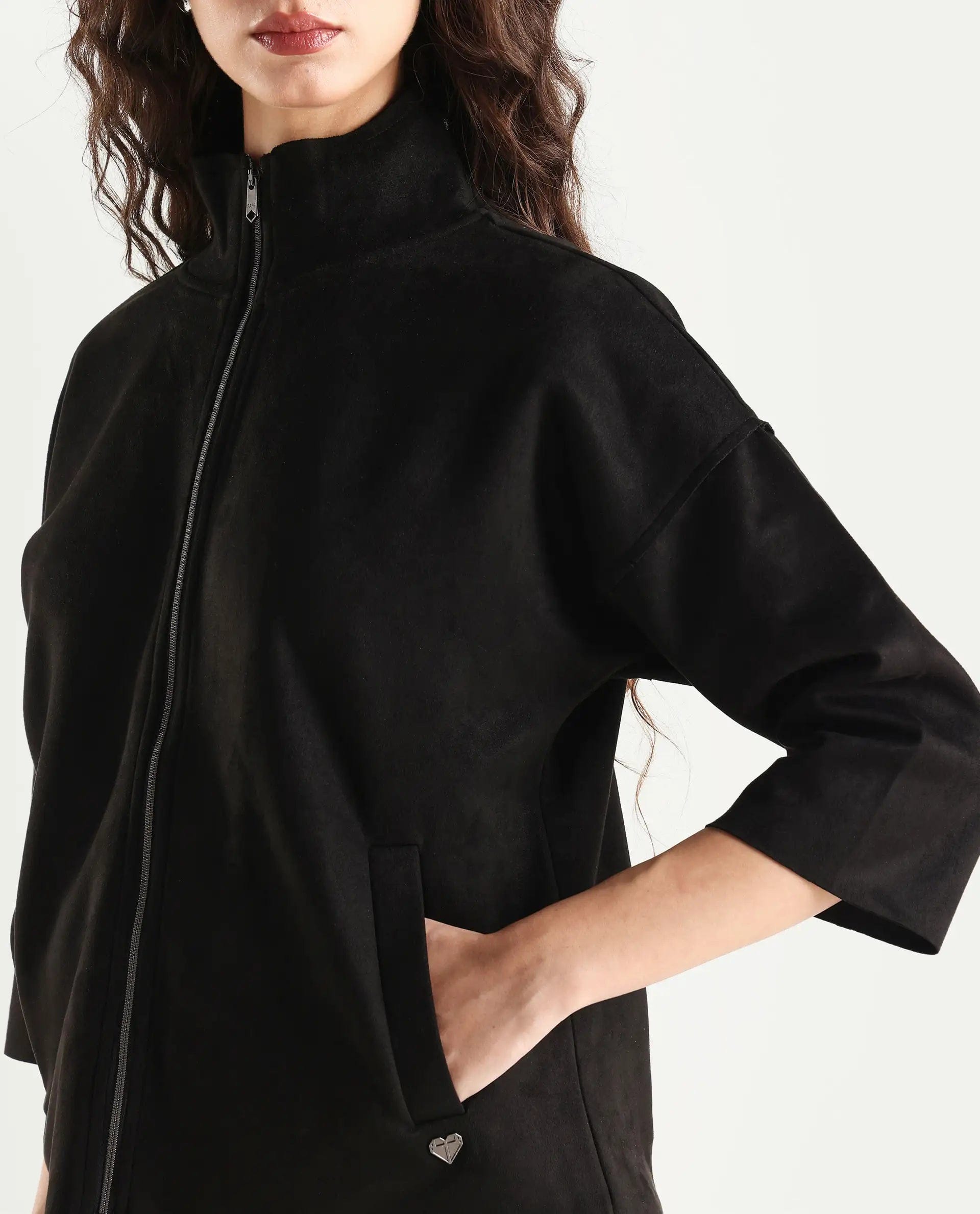 Rareism Women's Vasu 2 Black Polyester Blend Stand Collar Plain Boxy Fit Jacket