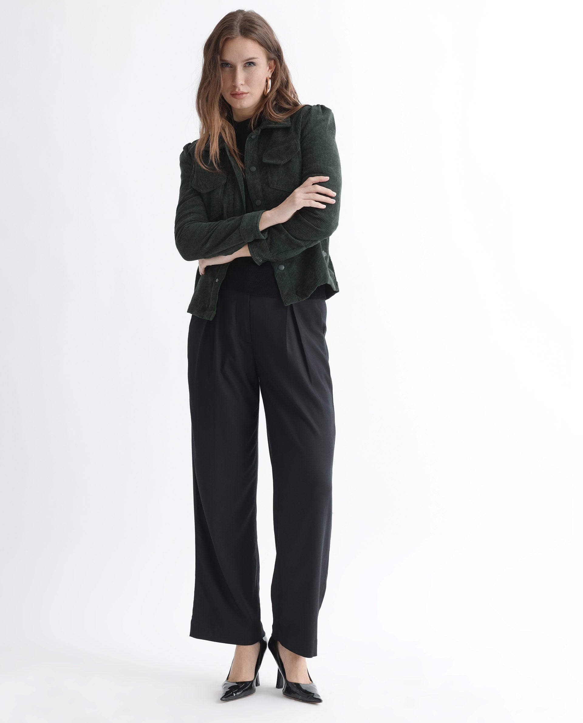 Rareism Women's Mooney Green Polyester Spread Collar Plain Regular Fit Jacket