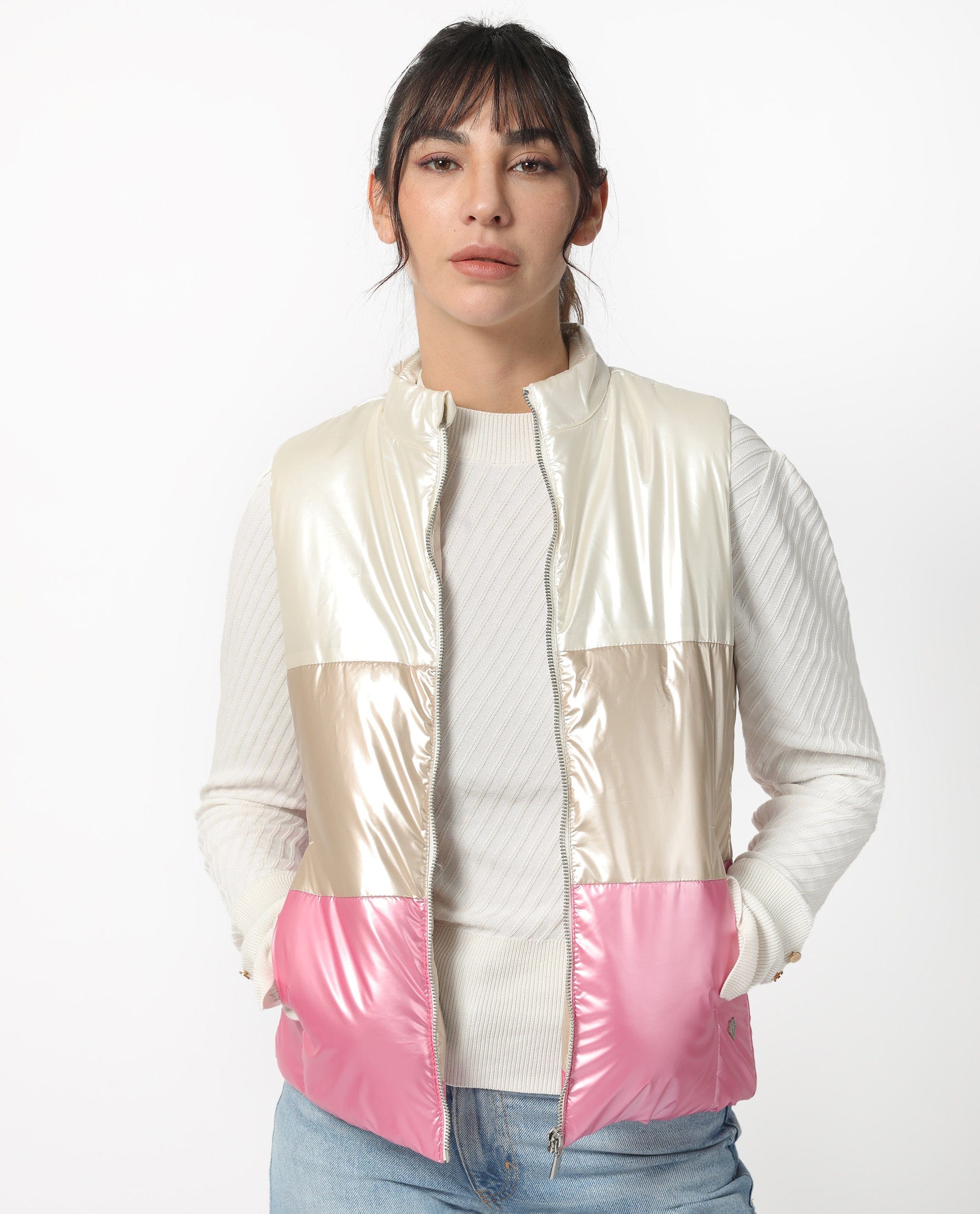 Rareism Women's Sophia White Polyester High Neck Color Block Sleeveless Regular Fit Jacket