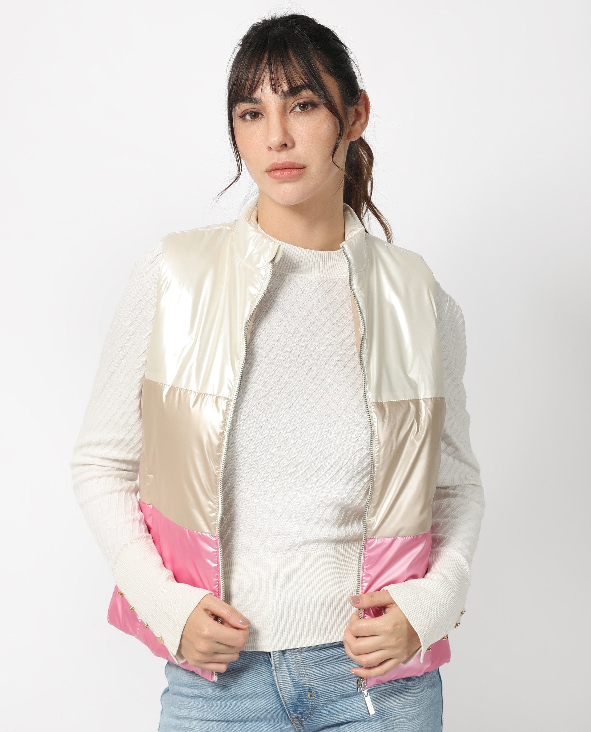 Rareism Women's Sophia White Polyester High Neck Color Block Sleeveless Regular Fit Jacket