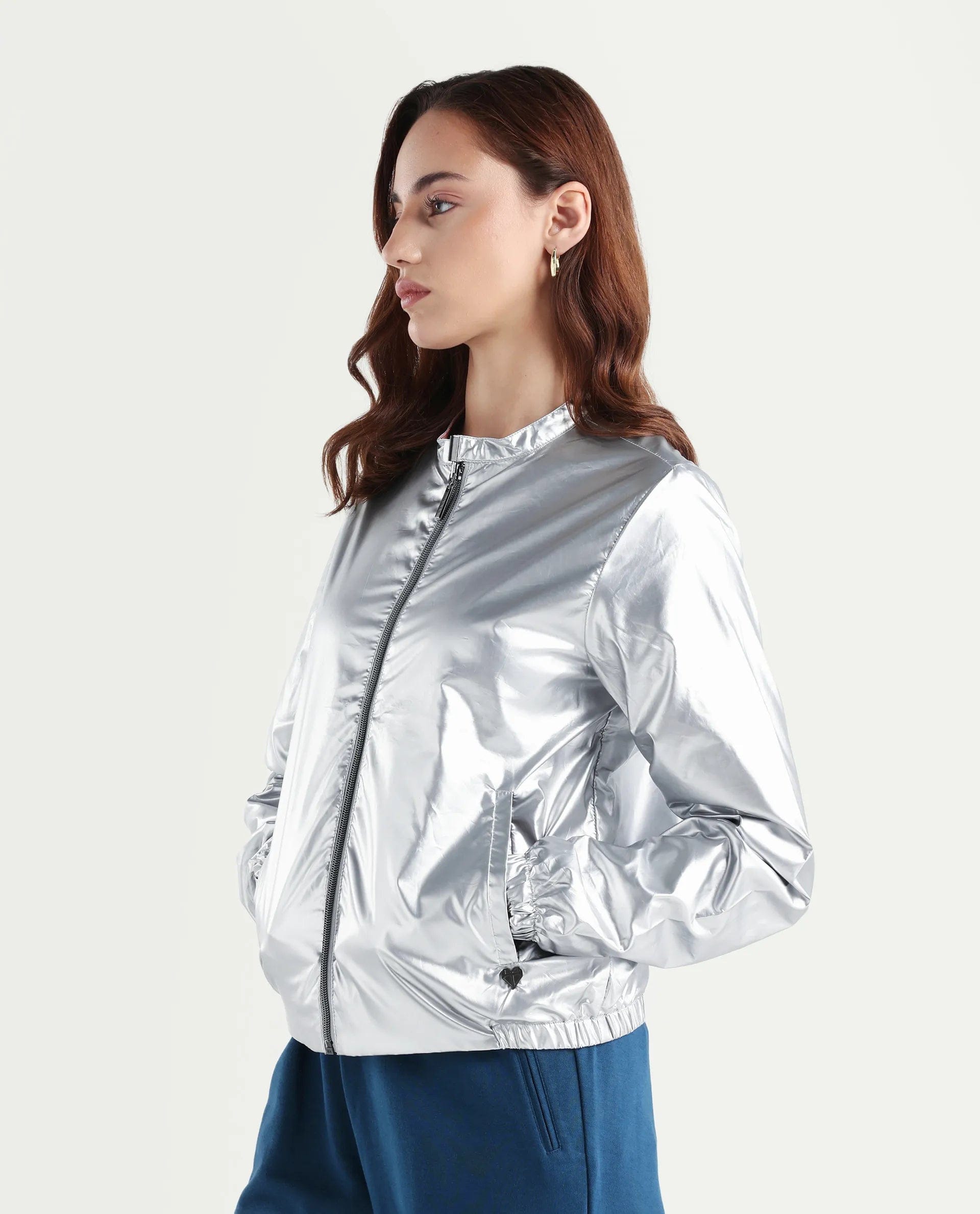 Rareism Women's Charlotte Silver Polyester Mandarin Collar Plain Regular Fit Jacket