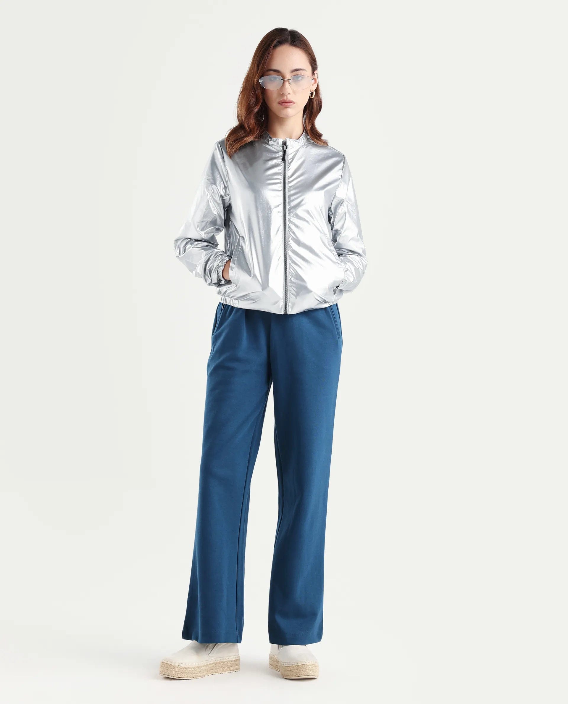 Rareism Women's Charlotte Silver Polyester Mandarin Collar Plain Regular Fit Jacket