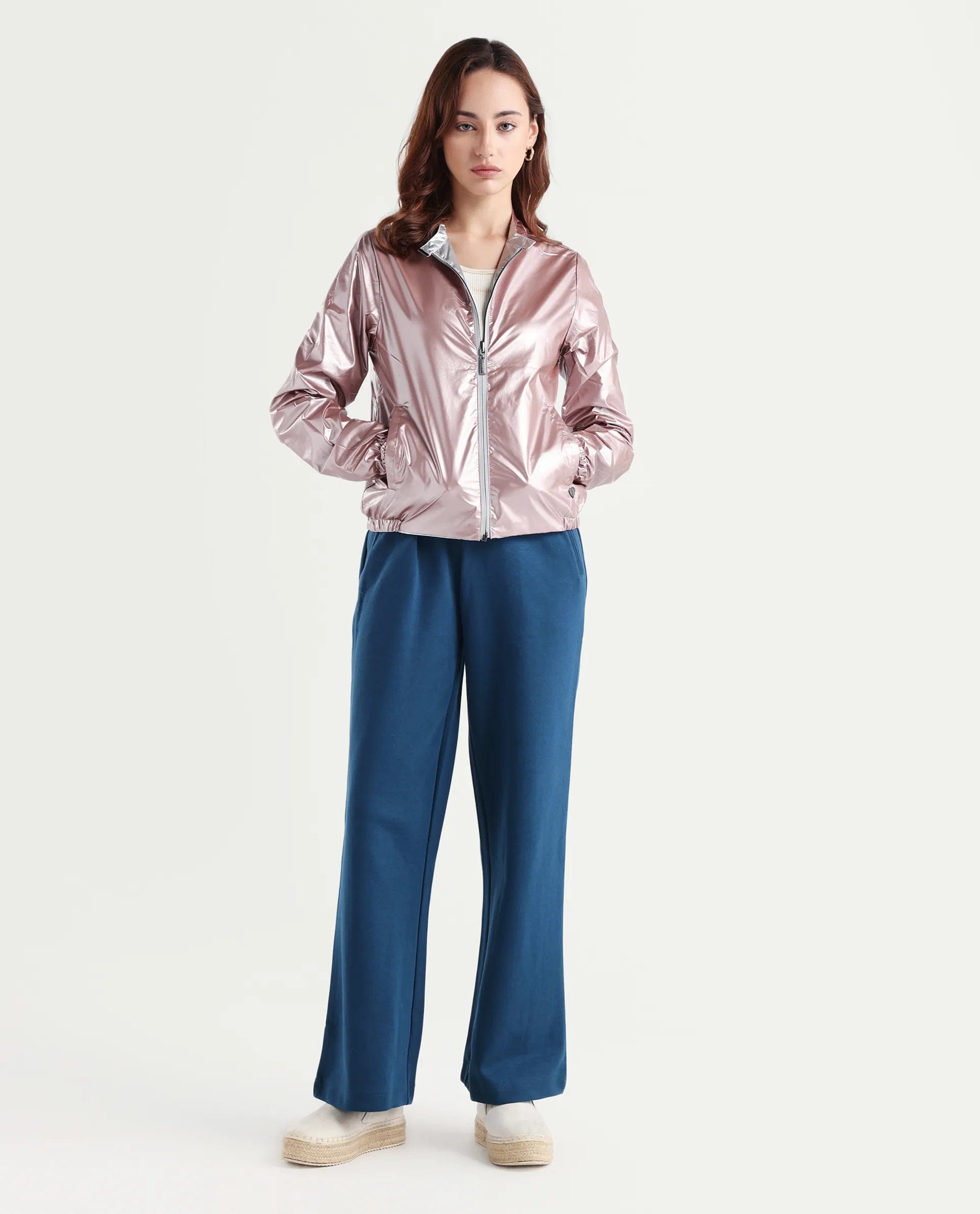 Rareism Women's Charlotte Silver Polyester Mandarin Collar Plain Regular Fit Jacket
