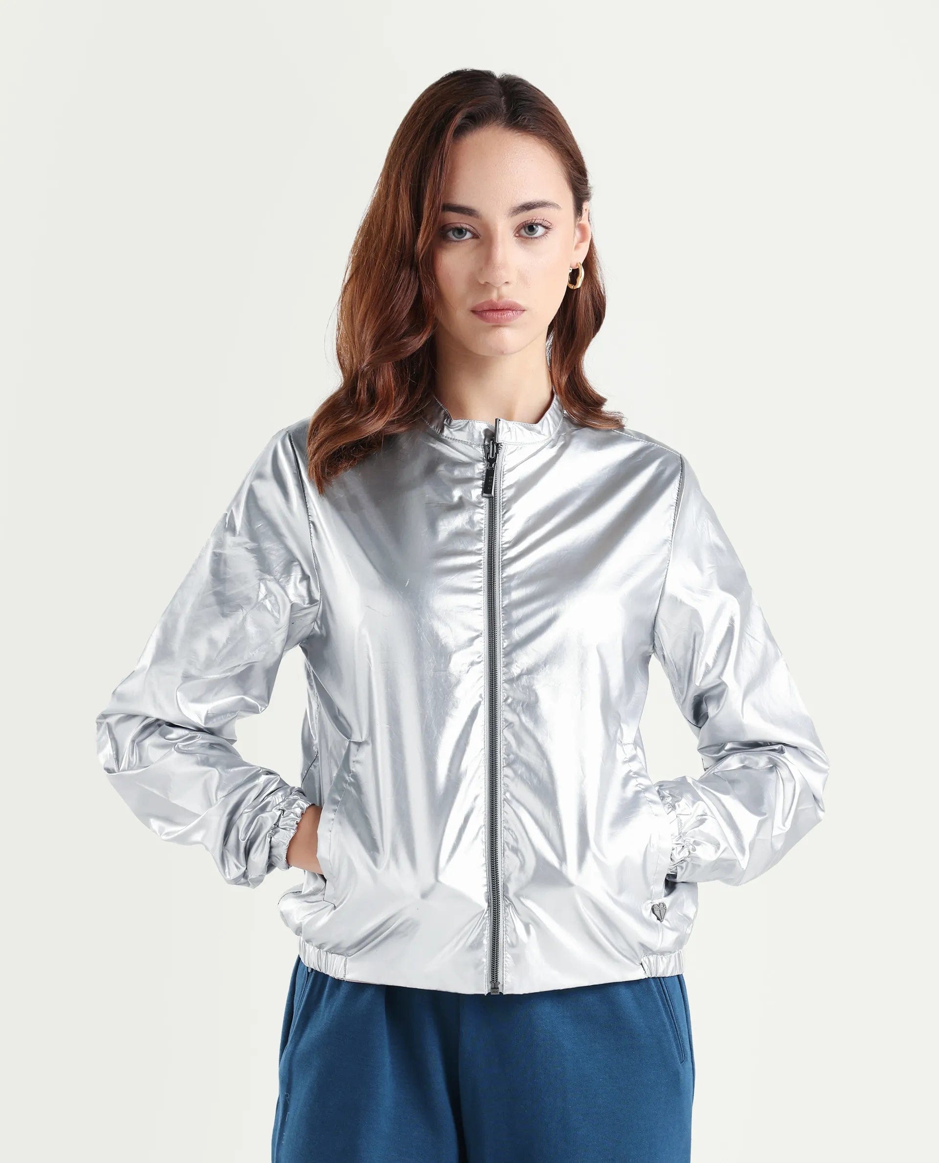 Rareism Women's Charlotte Silver Polyester Mandarin Collar Plain Regular Fit Jacket