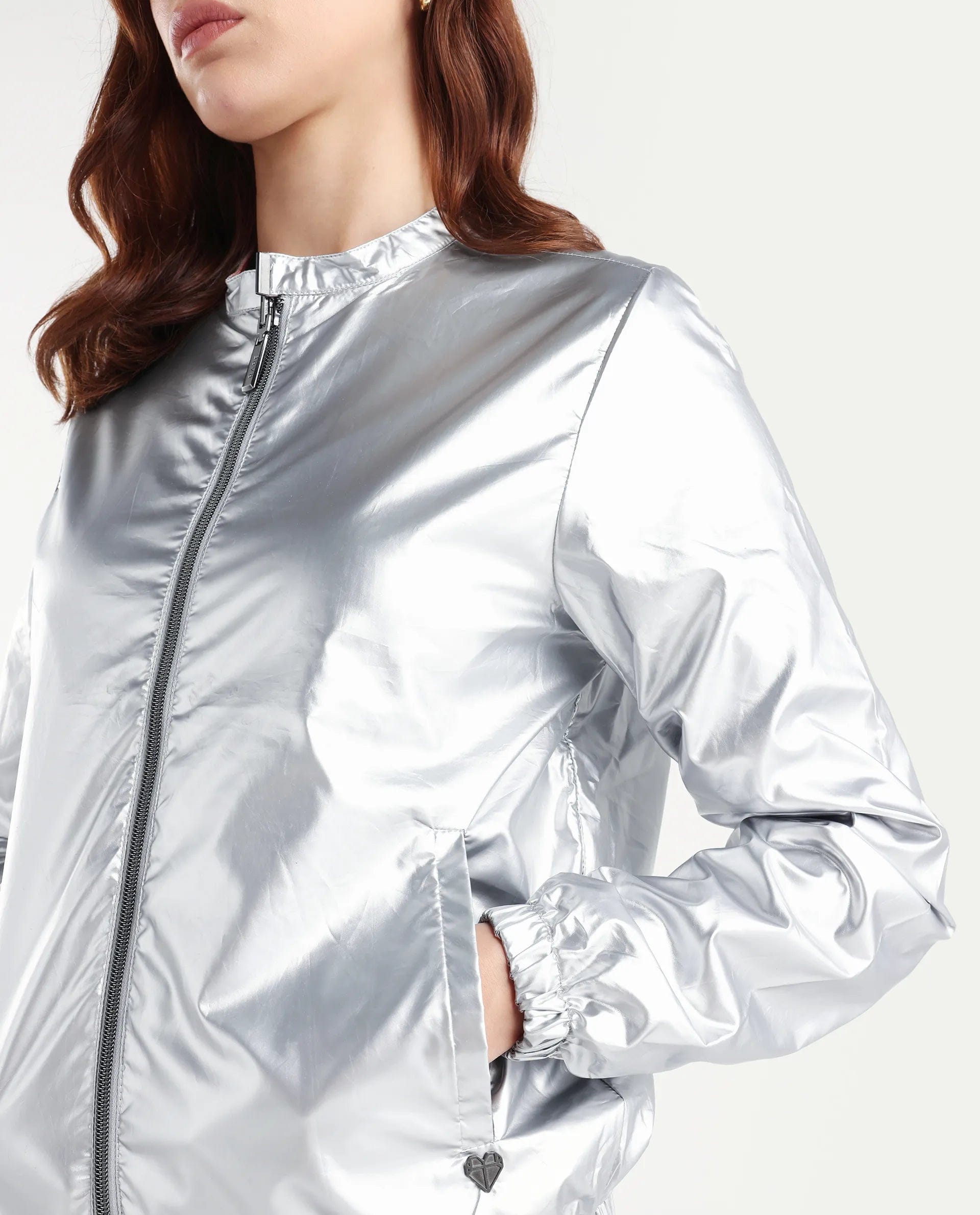 Rareism Women's Charlotte Silver Polyester Mandarin Collar Plain Regular Fit Jacket
