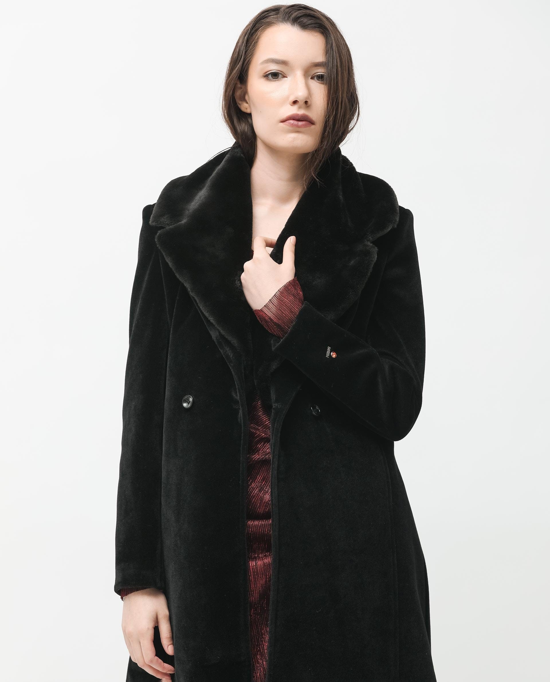 Rareism Women's Teich Black Polyester Lapel Neck Plain Knee Length Regular Fit Long Coat
