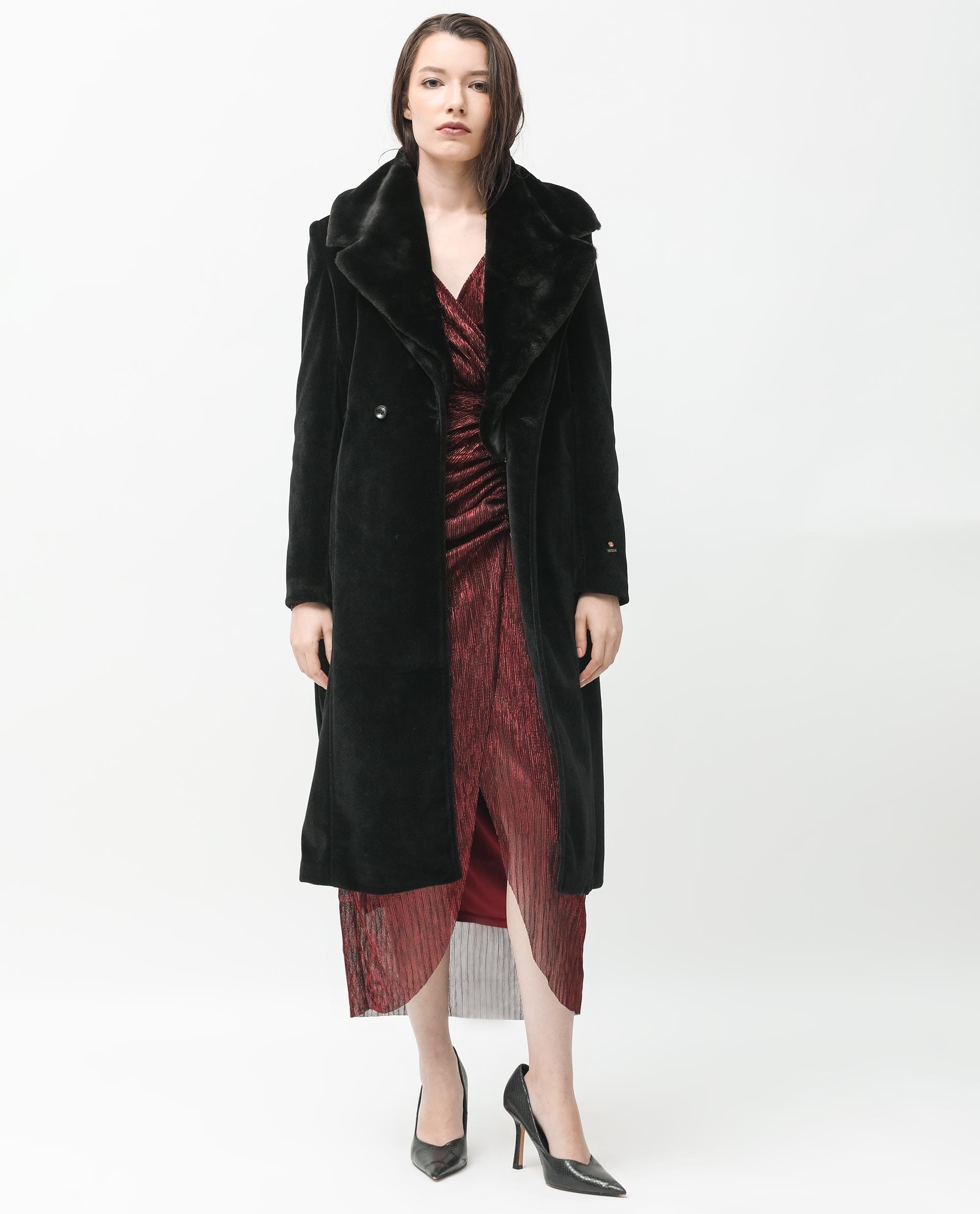 Rareism Women's Teich Black Polyester Lapel Neck Plain Knee Length Regular Fit Long Coat