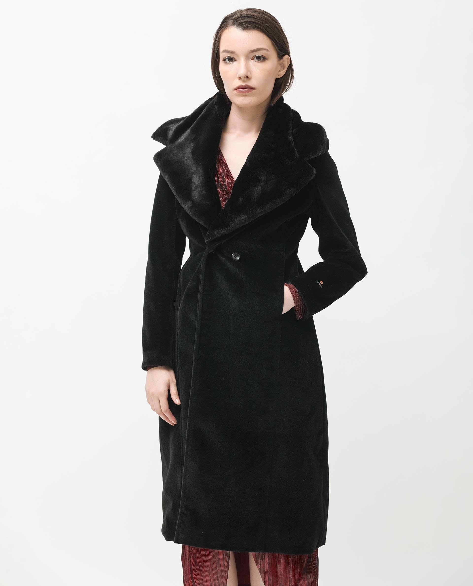 Rareism Women's Teich Black Polyester Lapel Neck Plain Knee Length Regular Fit Long Coat