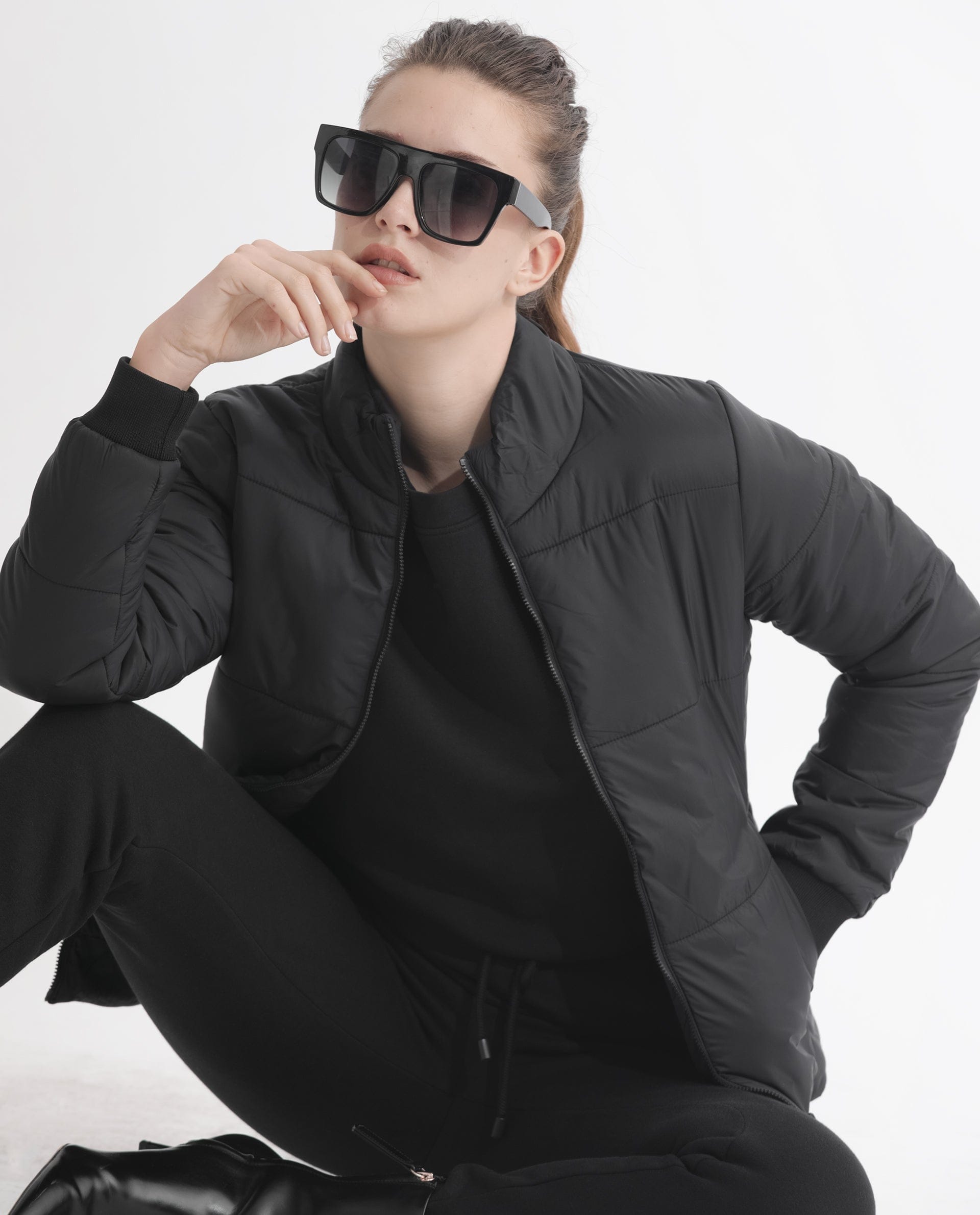 Rareism Women's Glasha Ls Black Polyester High Neck Plain Regular Fit Jacket