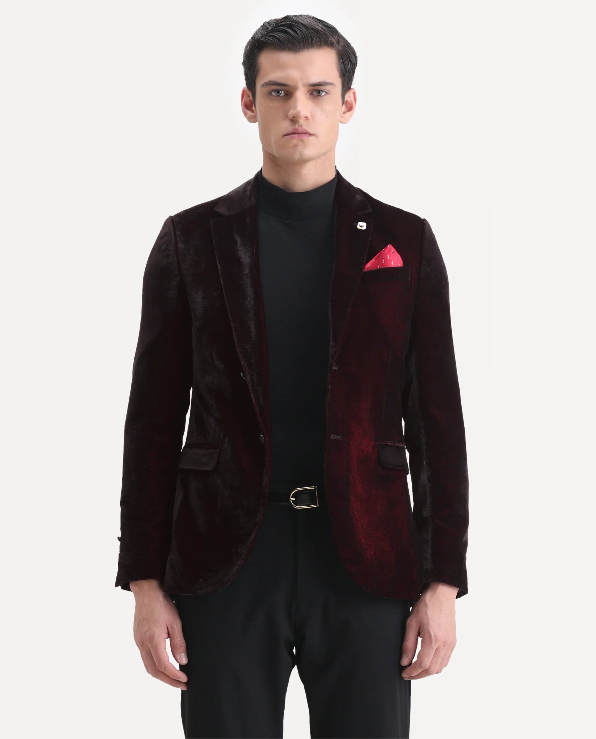 RARE Rabbit Men's Velter Dark Maroon Velvet Plain Tailored Fit Full Sleeve Lapel Neck Blazer