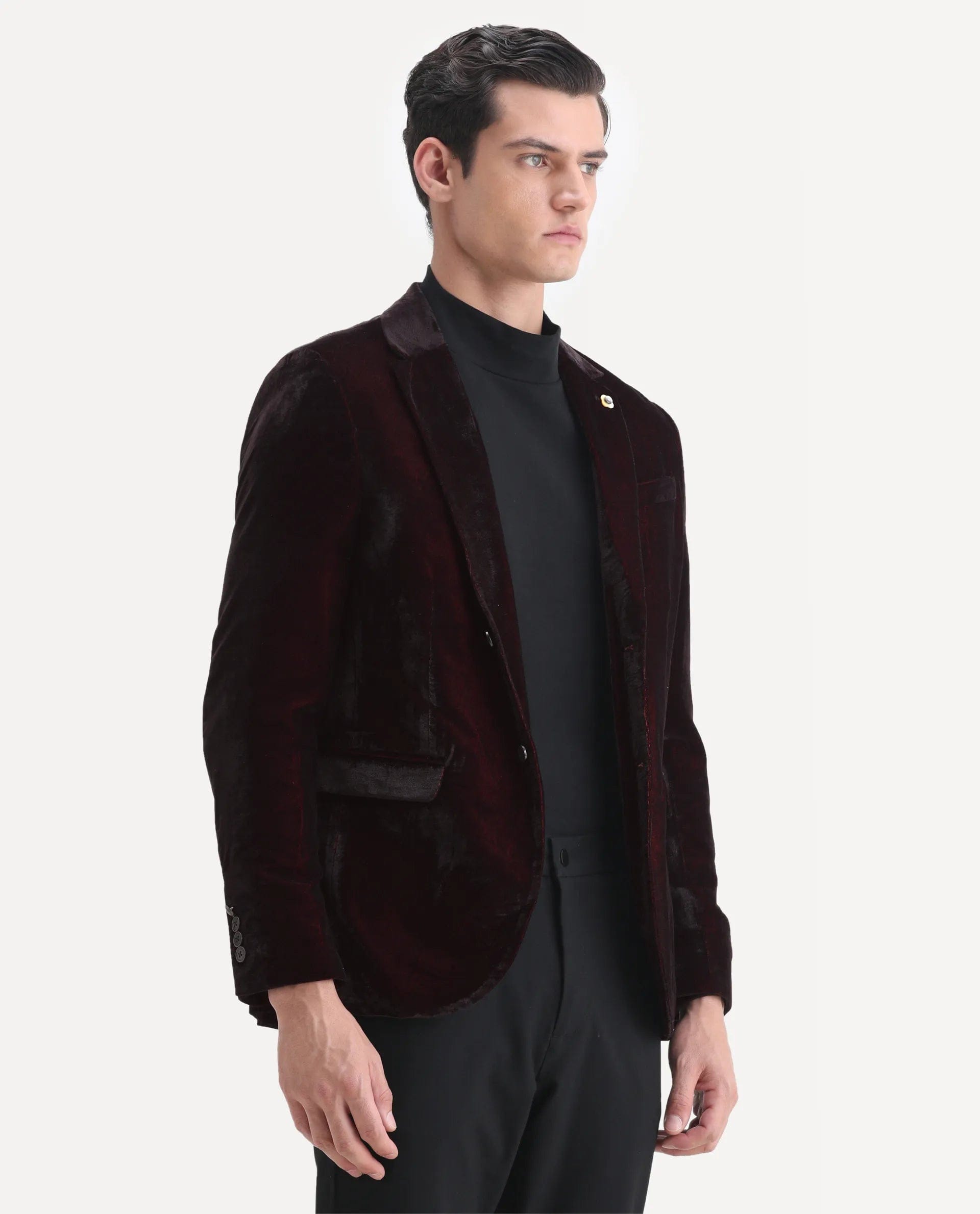 RARE Rabbit Men's Velter Dark Maroon Velvet Plain Tailored Fit Full Sleeve Lapel Neck Blazer