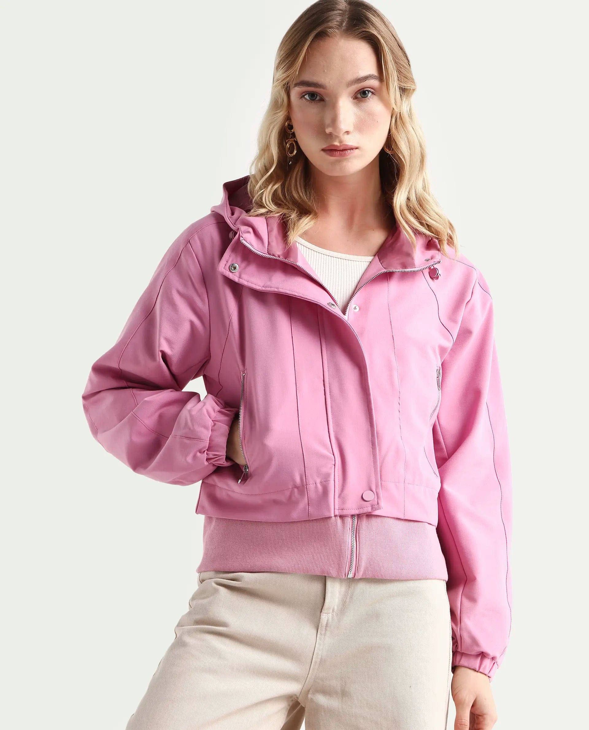 Rareism Women's Hoian Dusky Pink Polyester Blend Stand Collar Plain Ribbed Sleeve Boxy Fit Jacket