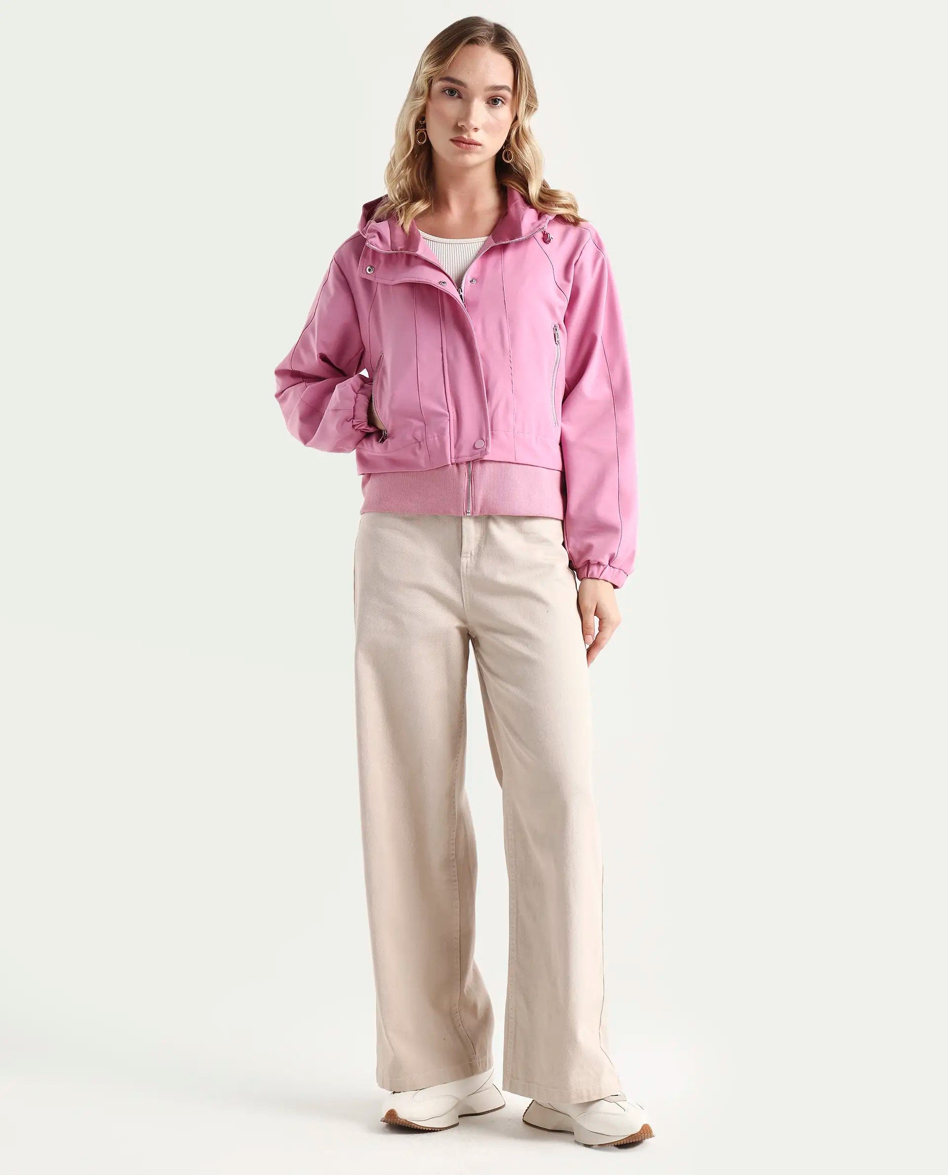 Rareism Women's Hoian Dusky Pink Polyester Blend Stand Collar Plain Ribbed Sleeve Boxy Fit Jacket